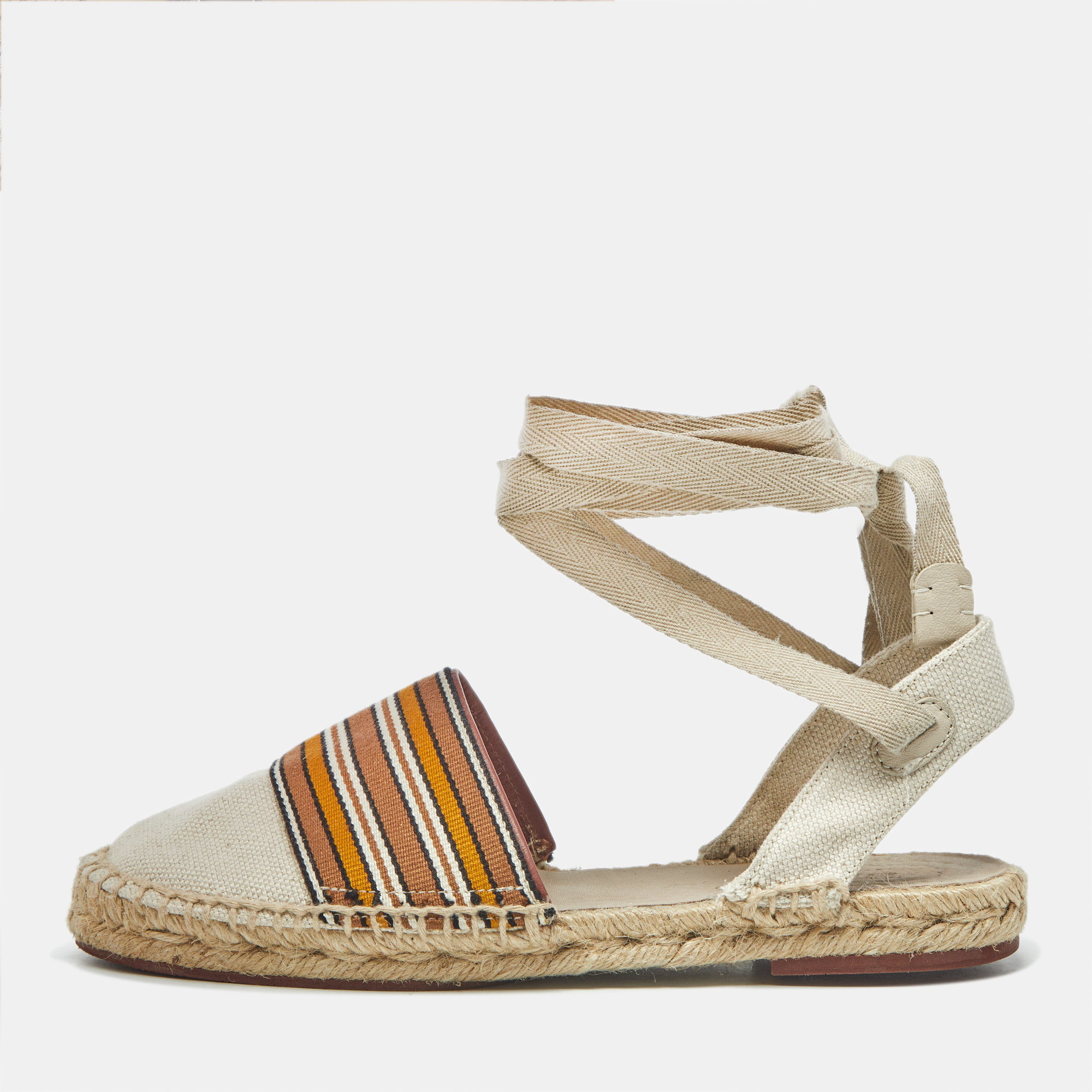 

Loro Piana Cream/Brown Canvas Ankle Wrap Espadrille Flats Size