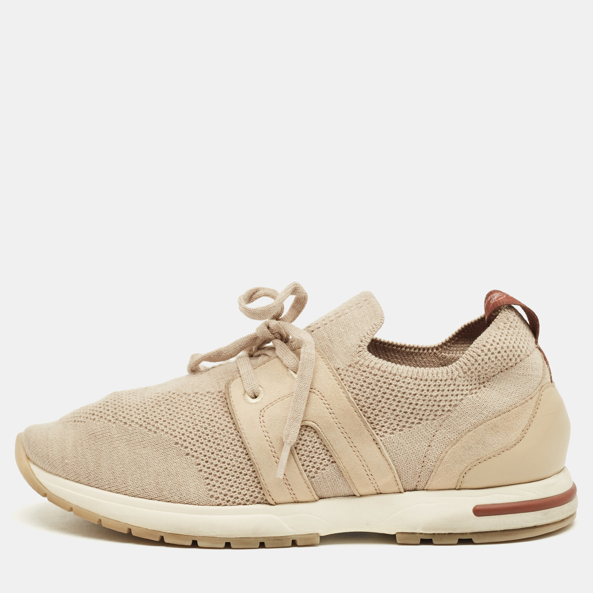 Pre-owned Loro Piana Beige Knit Fabric And Suede 360 Lp Flexy Walk Lace Up Sneakers Size 36 In Sand