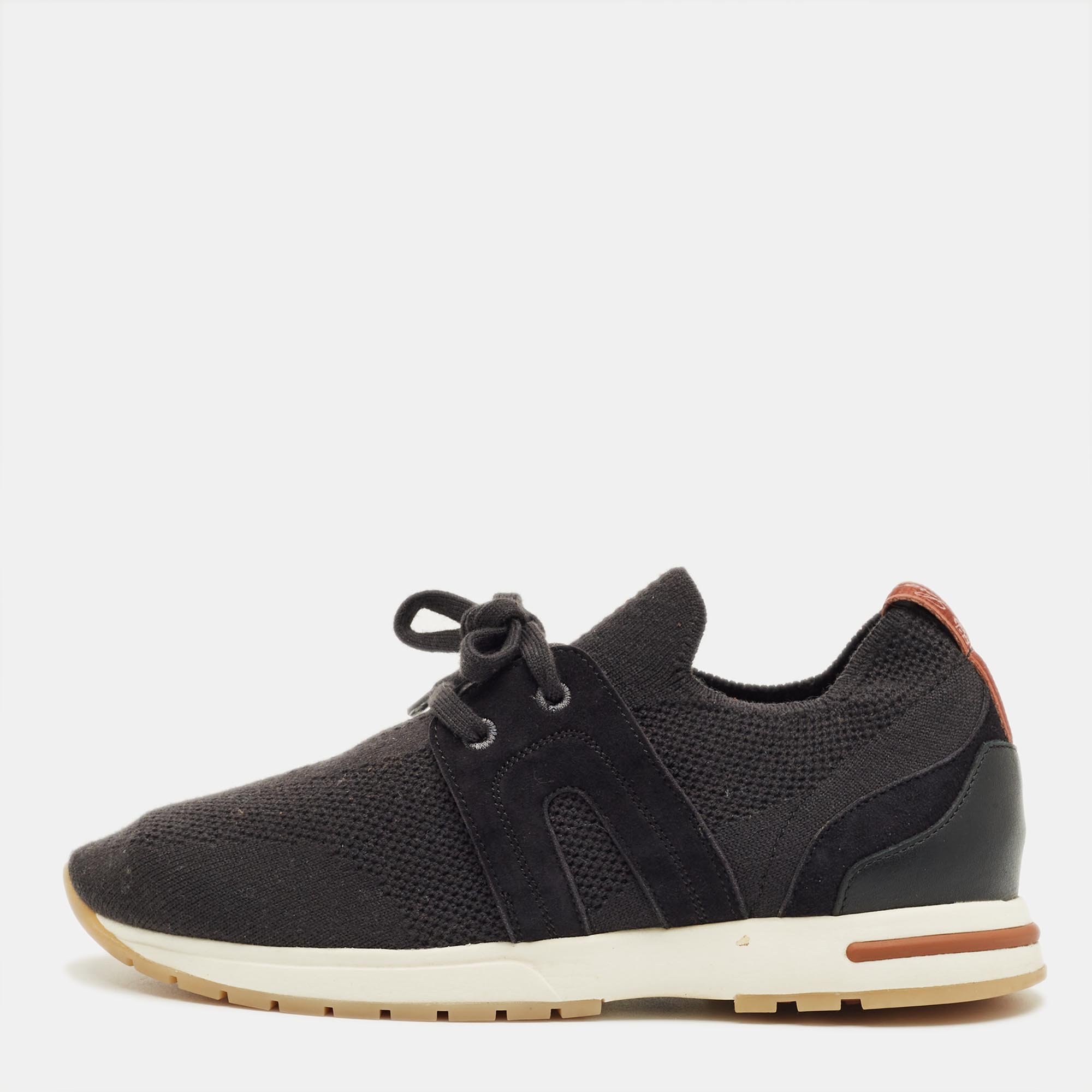 Pre-owned Loro Piana Black Knit Fabric 360 Lp Flexy Walk Lace Up Sneakers Size 35.5