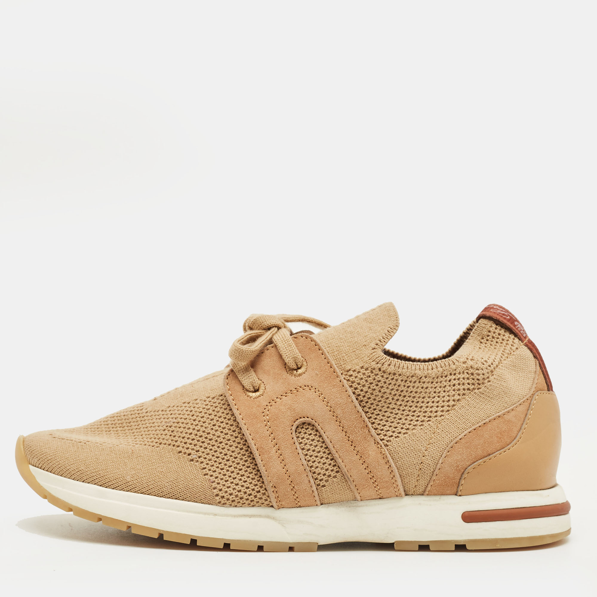 Pre-owned Loro Piana Beige Knit Fabric And Suede 360 Lp Flexy Walk Lace Up Sneakers Size 35 In Sand