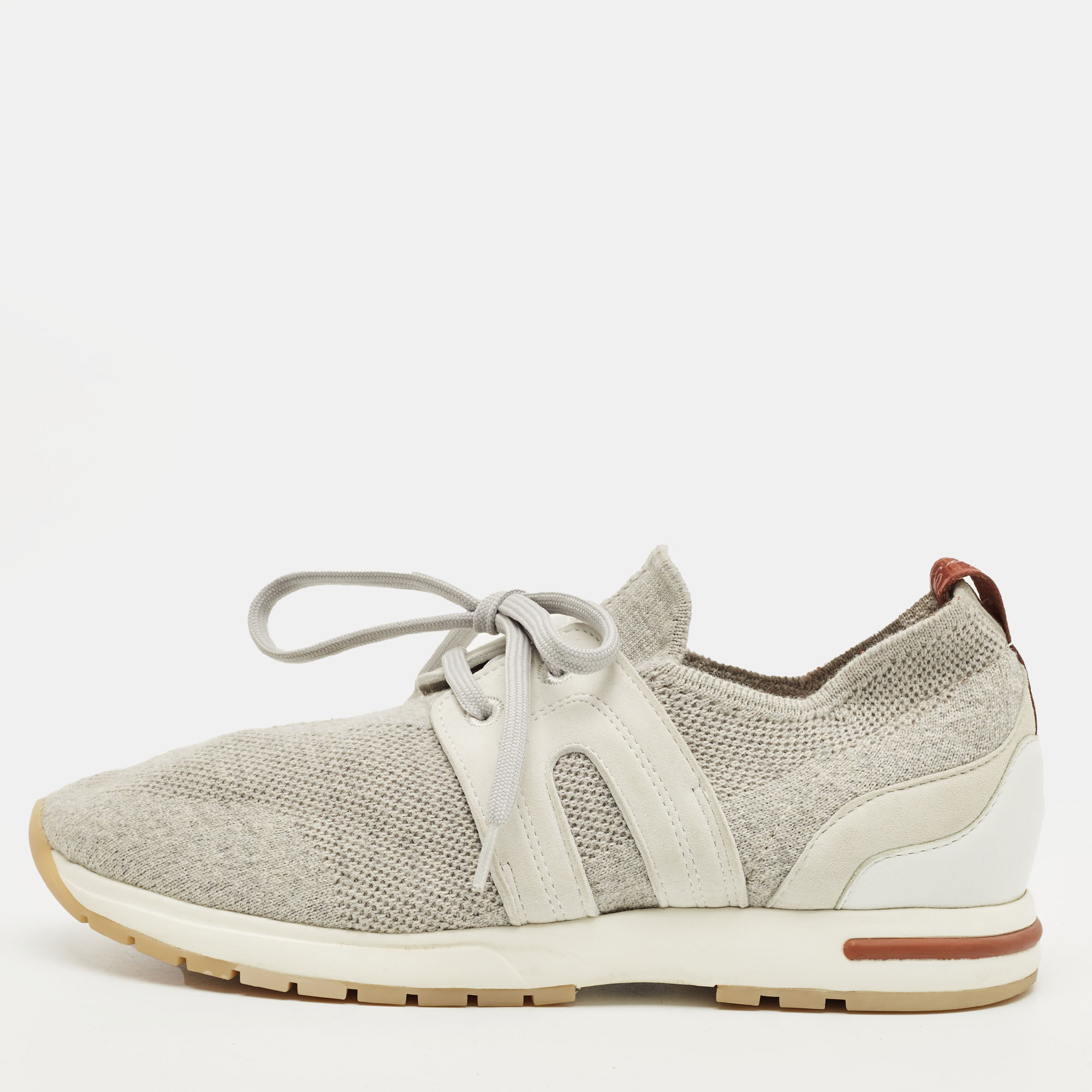 LORO PIANA Pre-owned Grey Knit Fabric And Leather 360 Lp Flexy Walk Lace Up Sneakers Size 35 In Gray