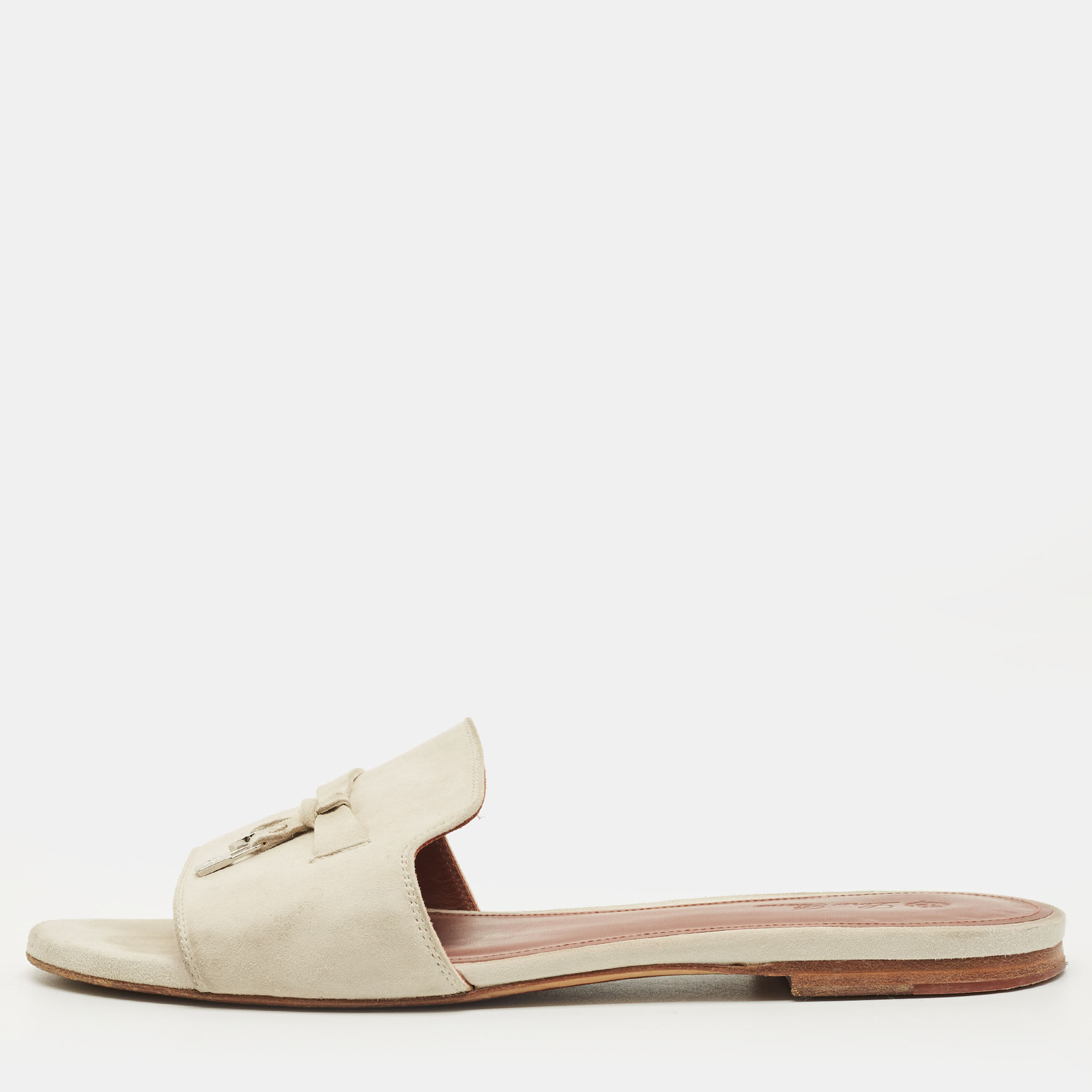 Pre-owned Loro Piana Summer Charms Size 40 Grey Suede Flat Sandals In Gray