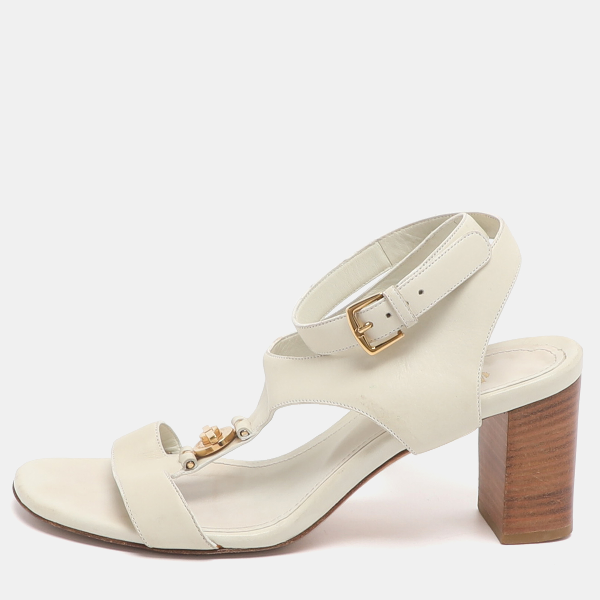 

Loro Piana Size 37 Ivory Leather Ankle Strap Sandals, White
