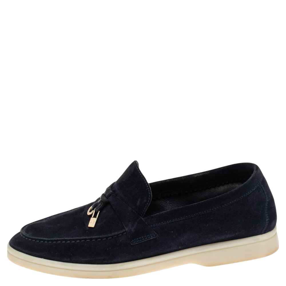 

Loro Piana Navy Blue Suede Summer Charms Walk Slip On Loafers Size