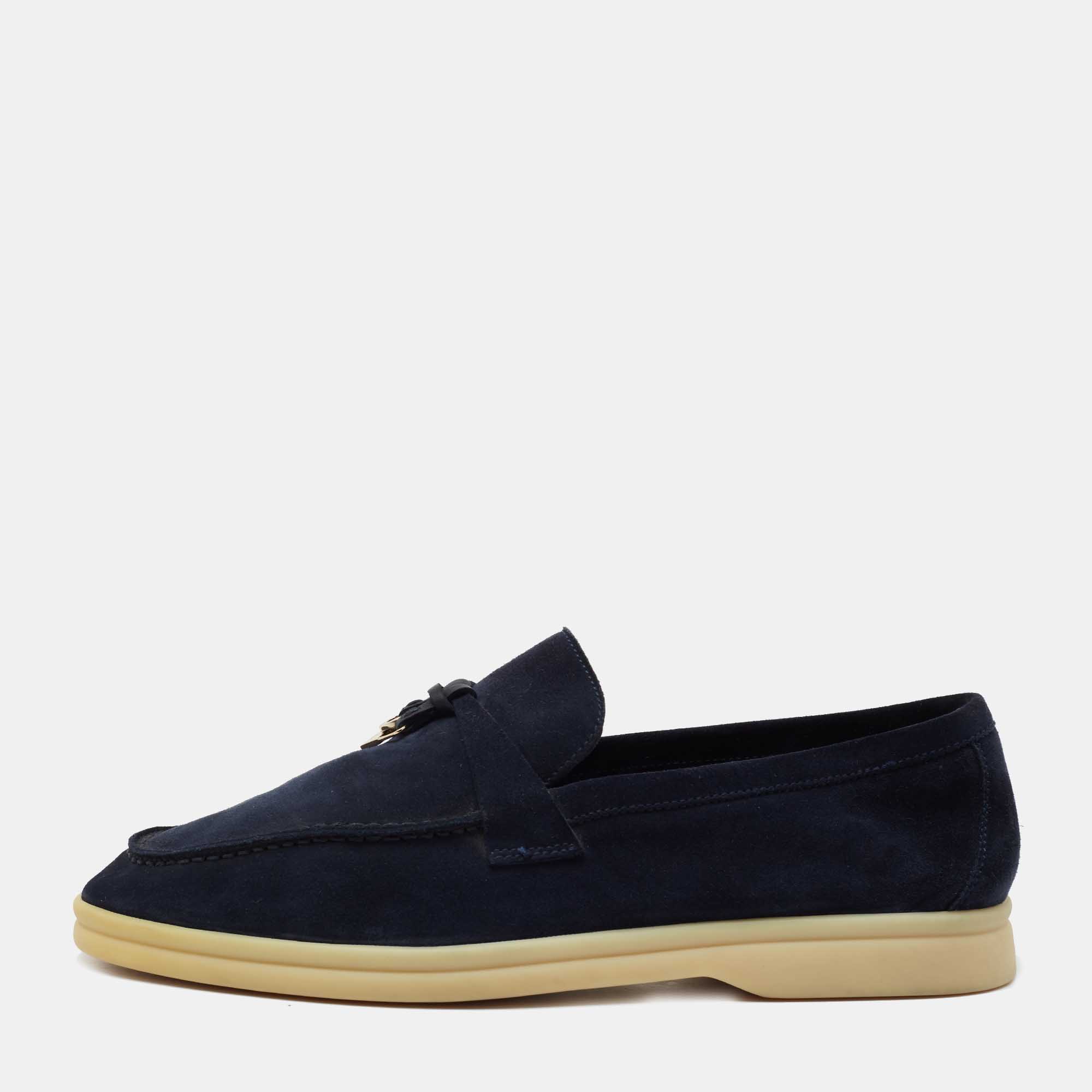 Pre Owned Loro Piana Navy Blue Suede Summer Charms Walk Loafers Size 39