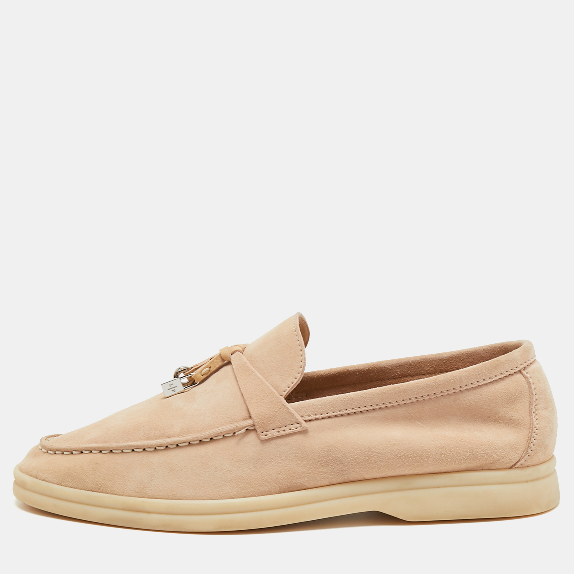 Pre Owned Loro Piana Beige Suede Summer Charms Slip on Loafers Size 37.5
