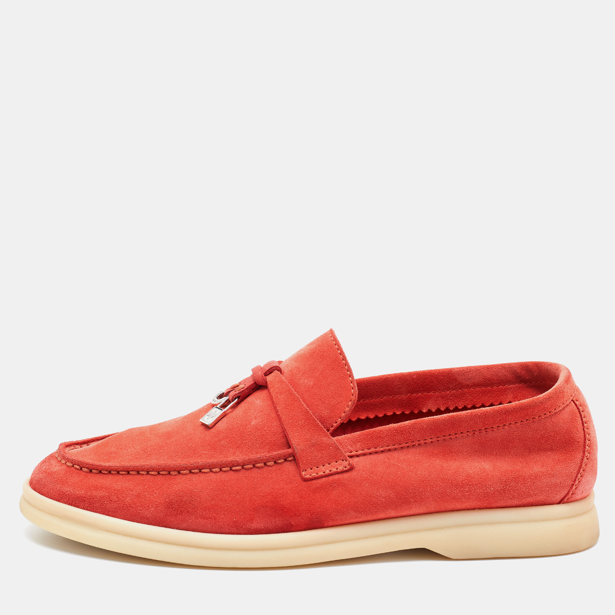 Pre Owned Loro Piana Orange Nubuck Leather Summer Charms Walk Loafers Size 35