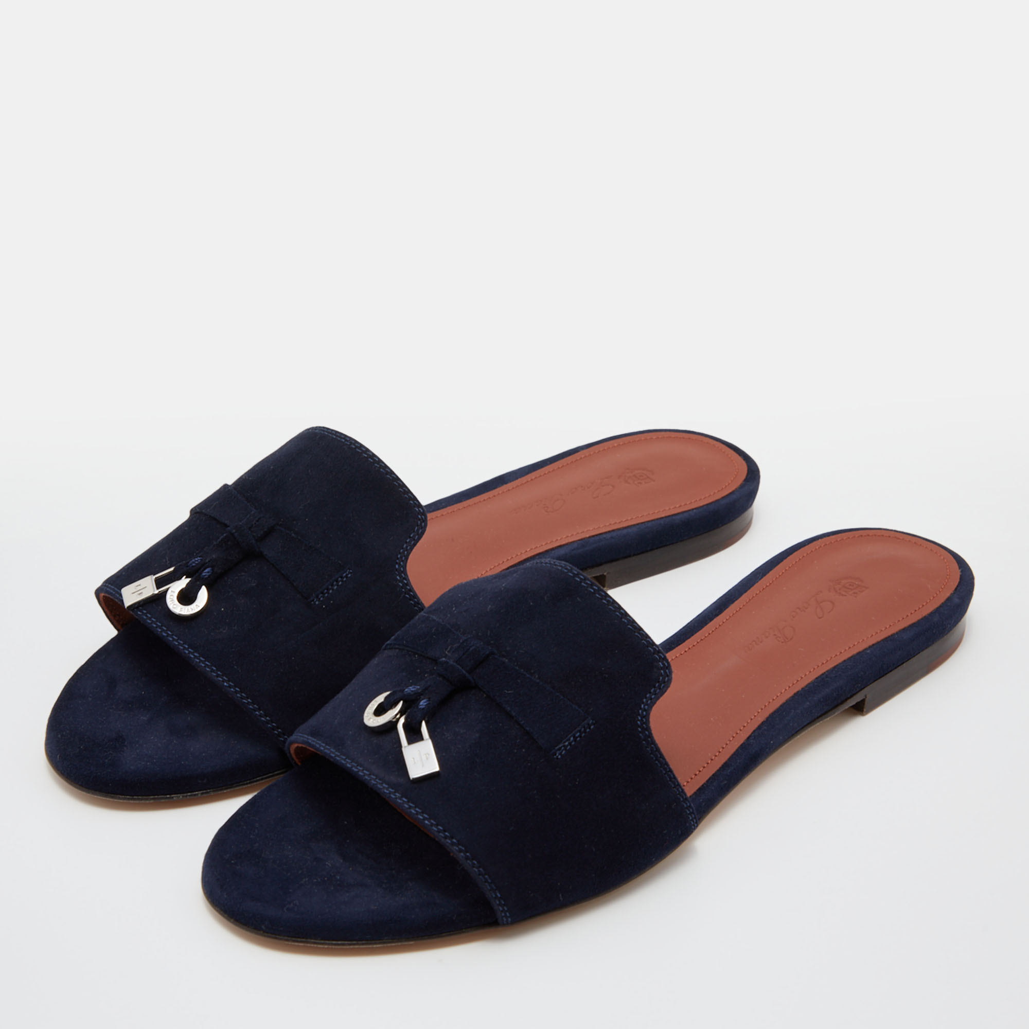 

Loro Piana Navy Blue Suede Summer Charms Flat Slides Size