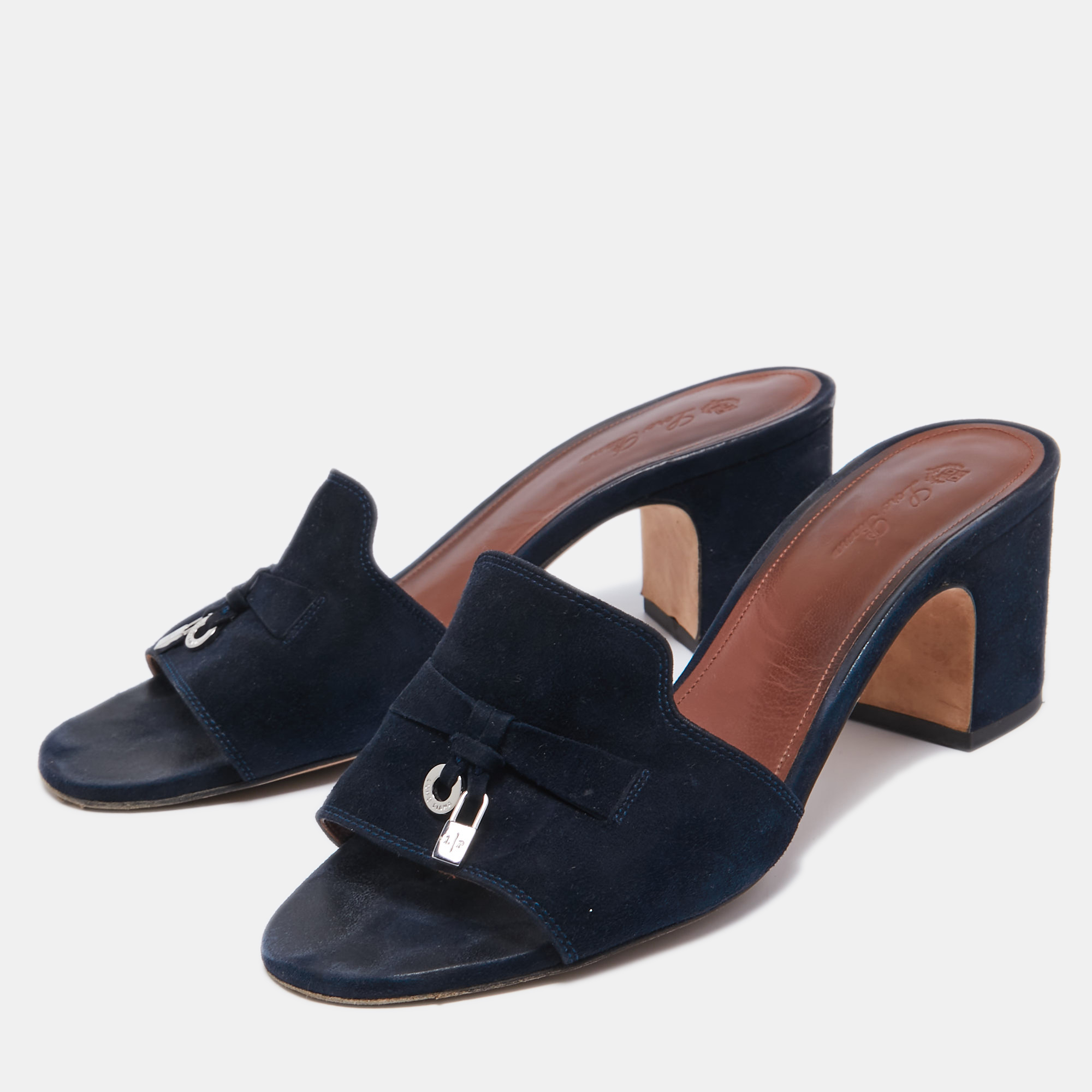 

Loro Piana Navy Blue Suede Summer Charms Slide Sandals Size