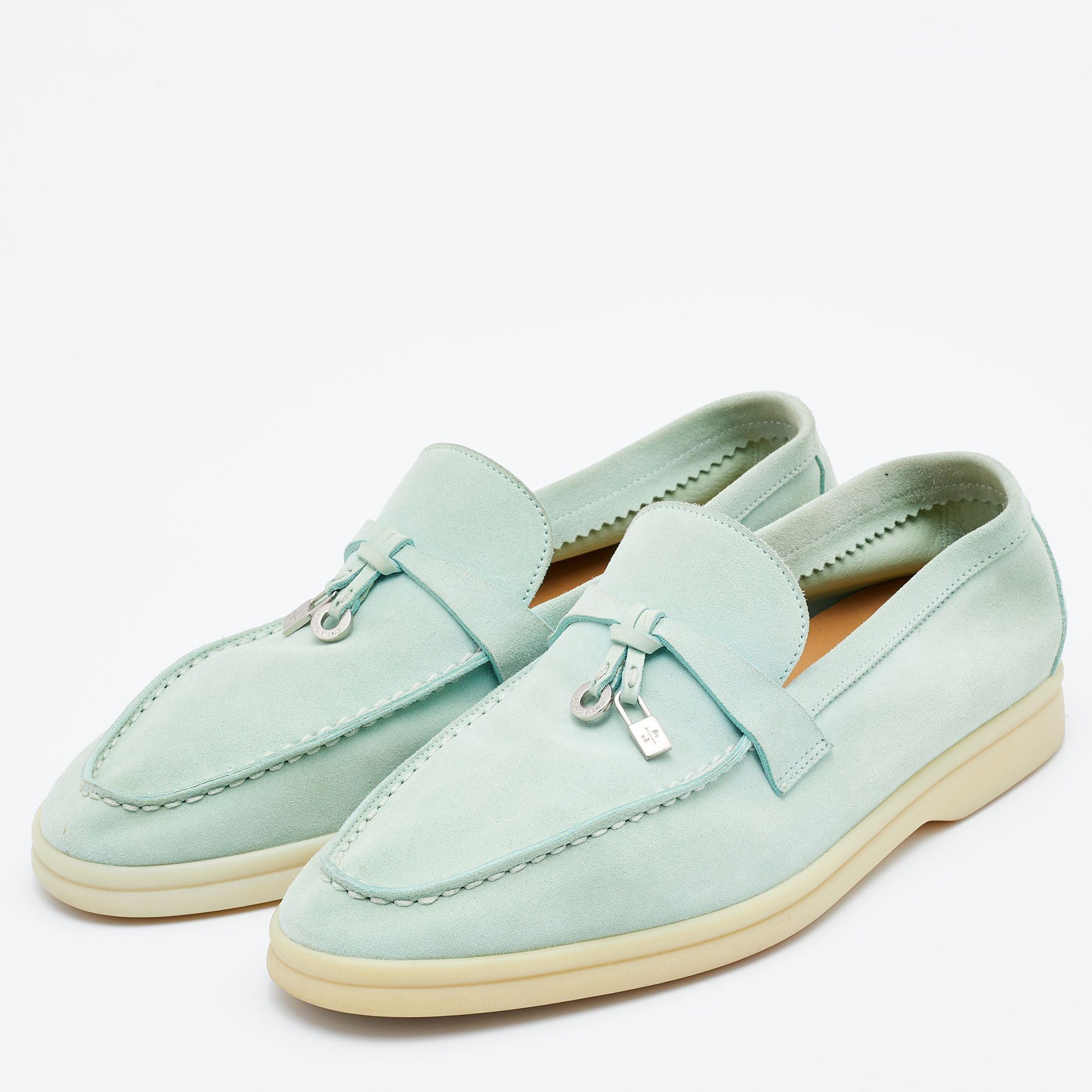 

Loro Piana Mint Green Suede Summer Charms Walk Slip On Loafers Size