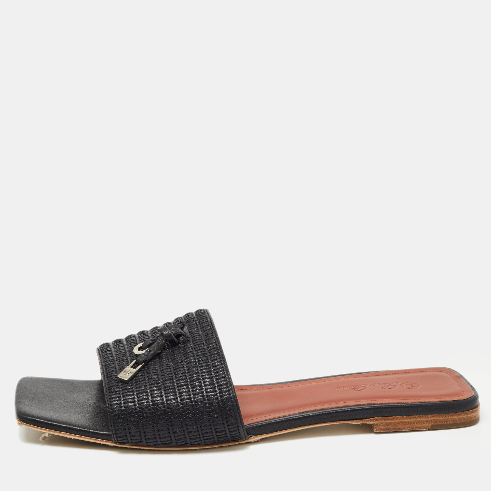 Pre Owned Loro Piana Black Embroidered Leather Sprightly Charms Flat Slides Size 42