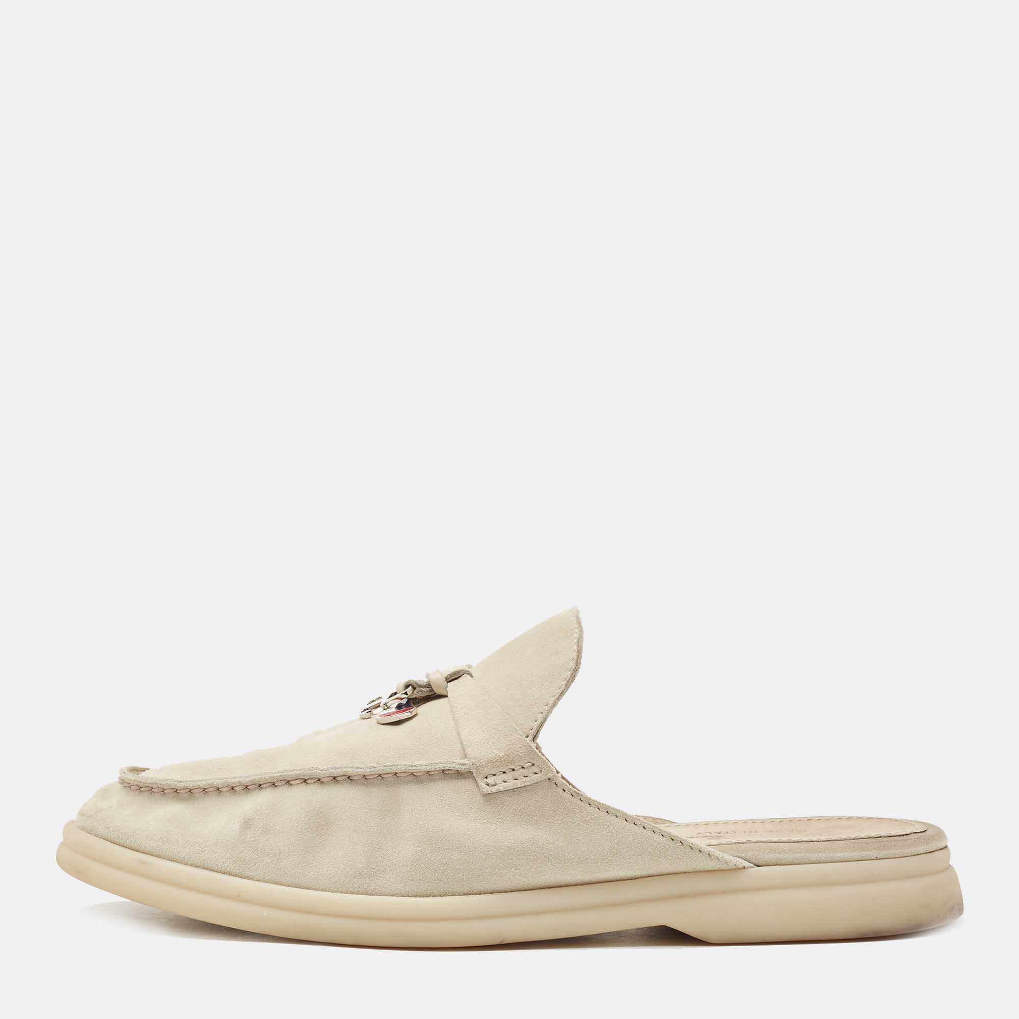 Pre Owned Loro Piana Grey Suede Babouche Charms Walk Mules Size 38