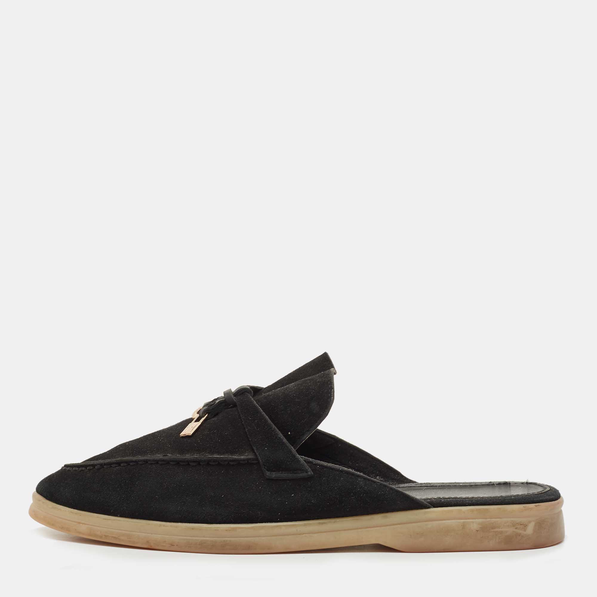 Pre Owned Loro Piana Black Suede Babouche Charms Walk Mules Size 39