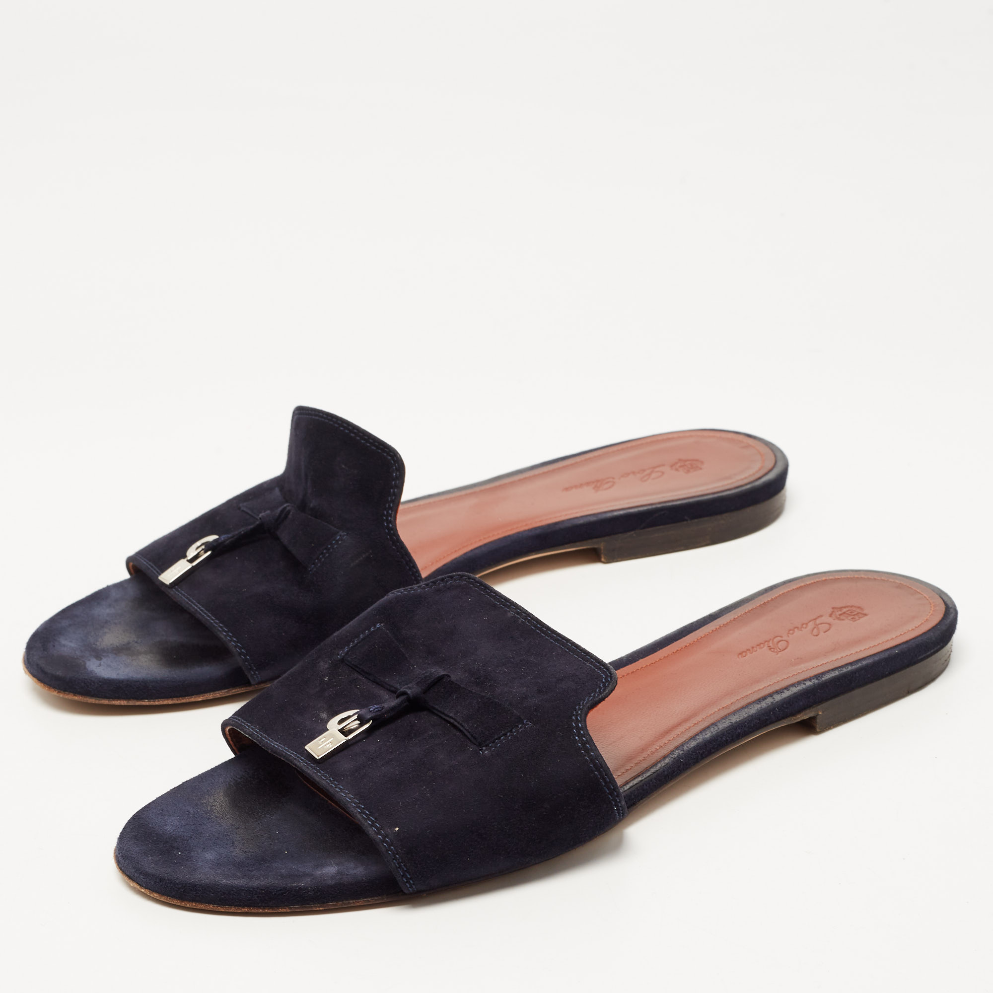 

Loro Piana Navy Blue Suede Summer Charms Flat Slides Size