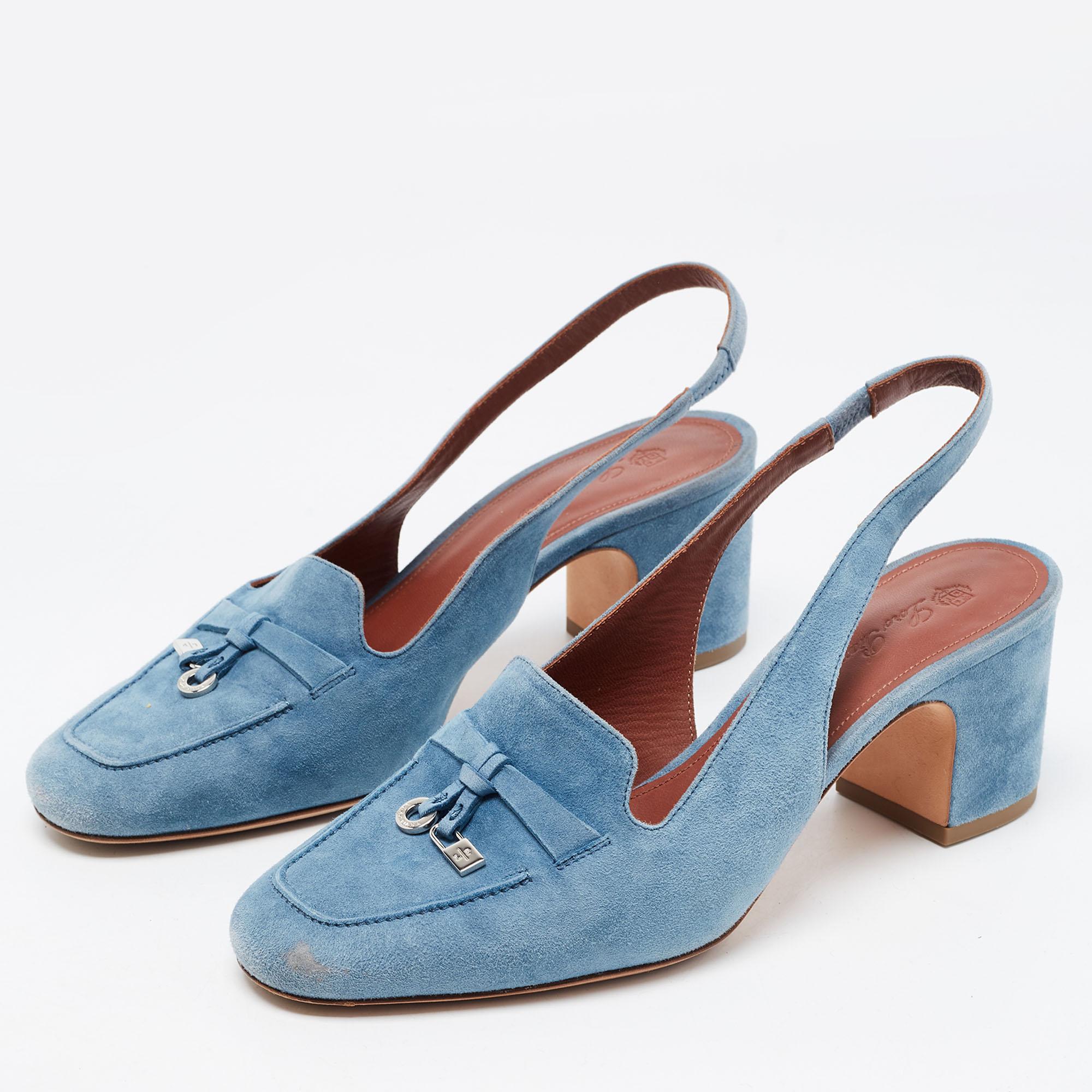 

Loro Piana Blue Suede Summer Charms Slingback Sandals Size