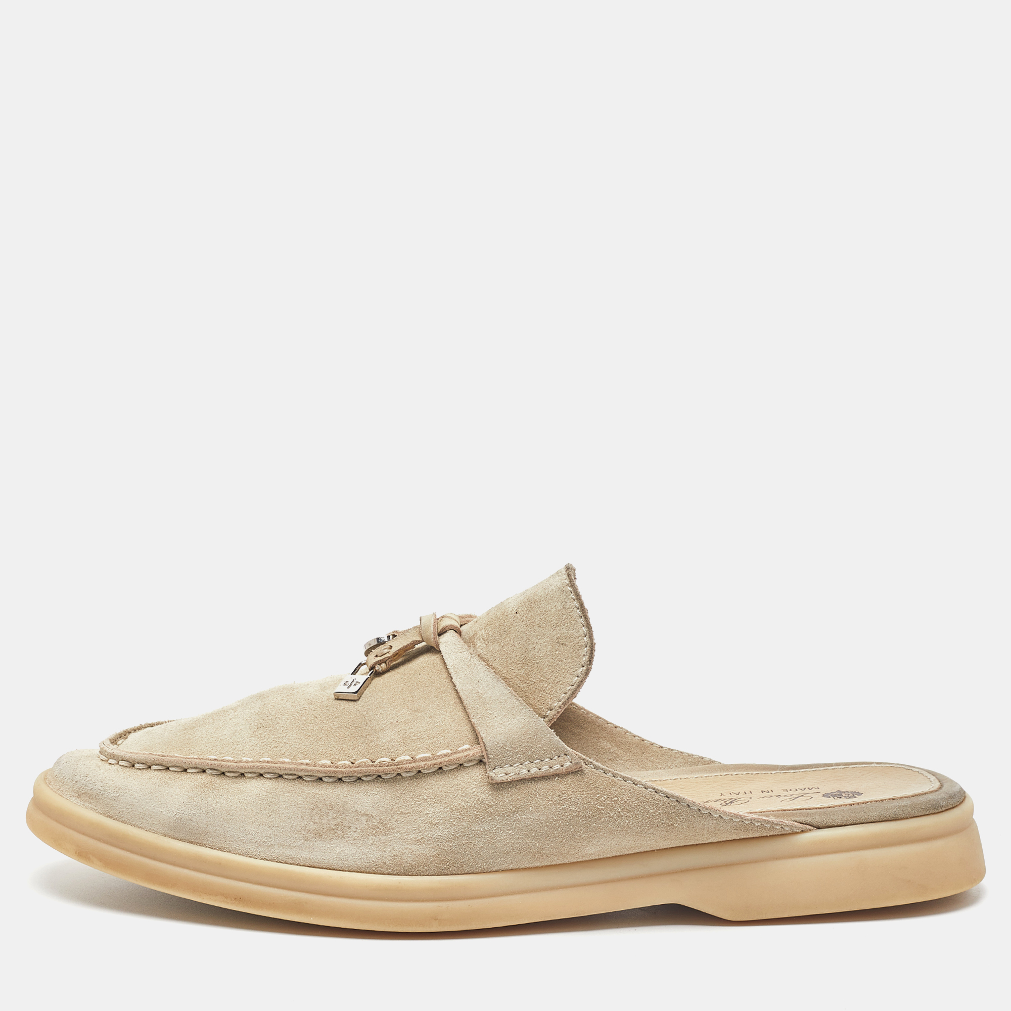 Pre Owned Loro Piana Beige Suede Babouche Charms Walk Mules Size 37.5