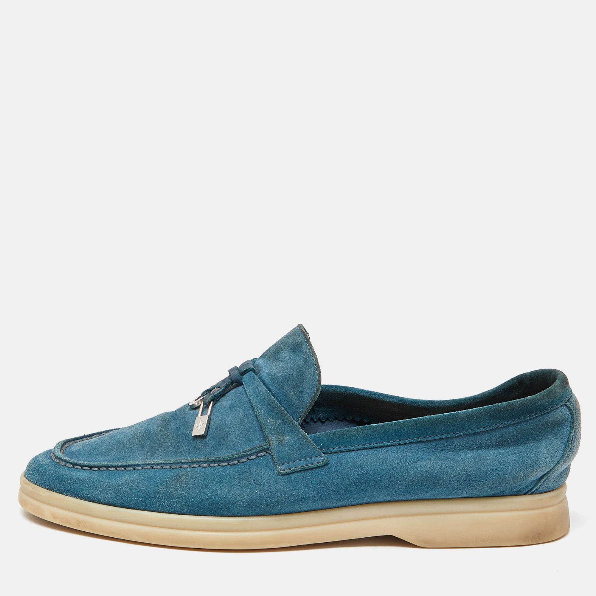 Loro Piana Summer Charms Walk Embellished Suede Loafers - Blue