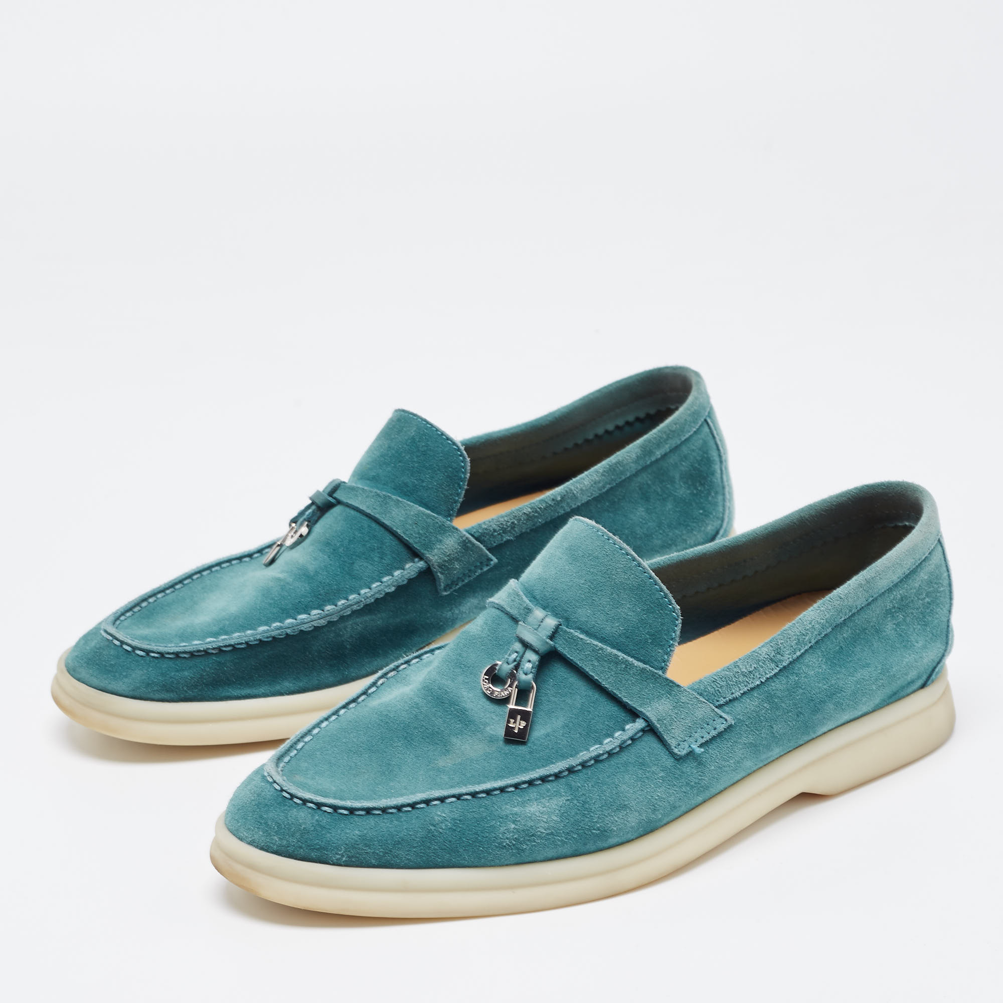 

Loro Piana Green Suede Summer Charms Walk Slip On Loafers Size, Cream