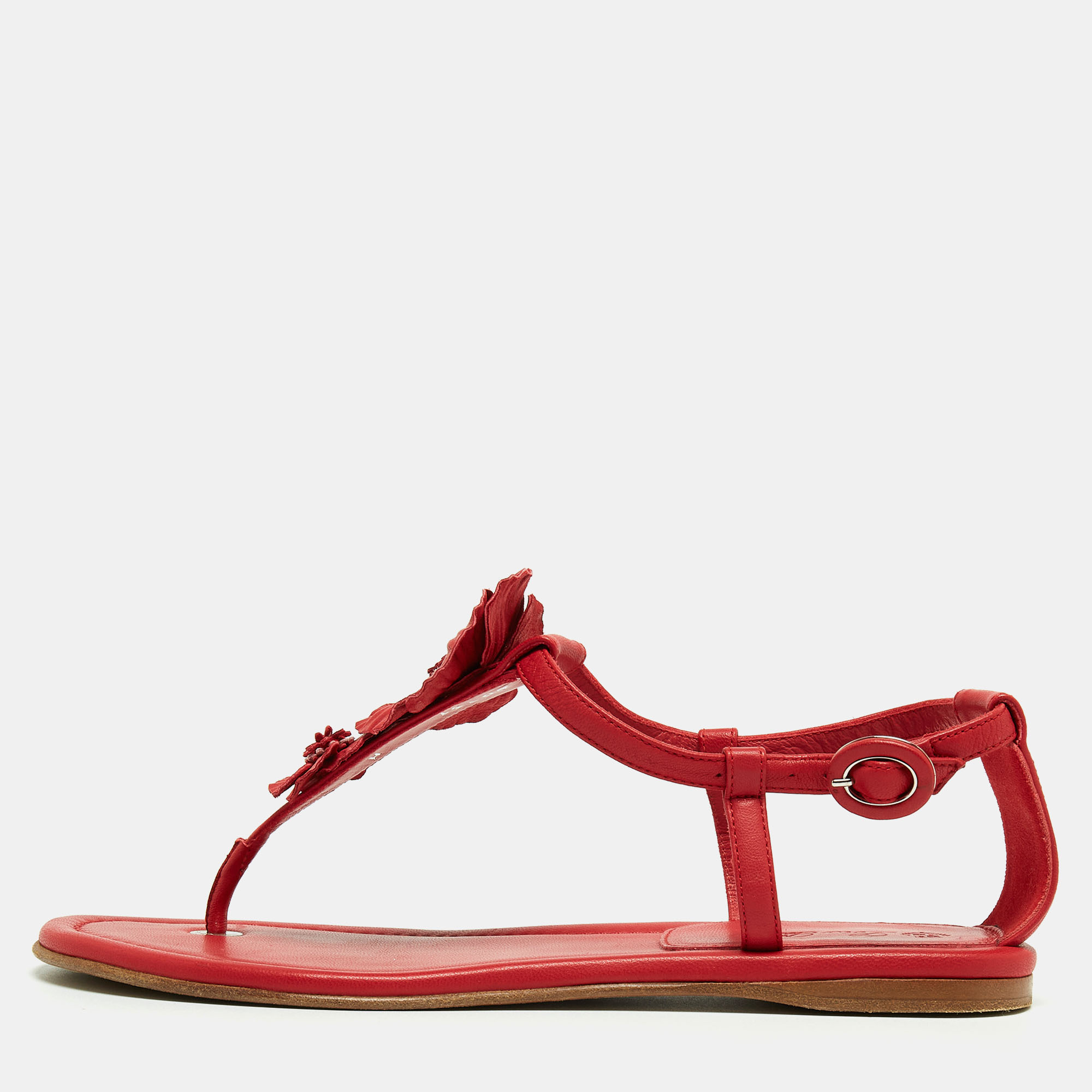 

Loro Piana Red Leather Floral Applique Ankle Strap Flat Sandals Size