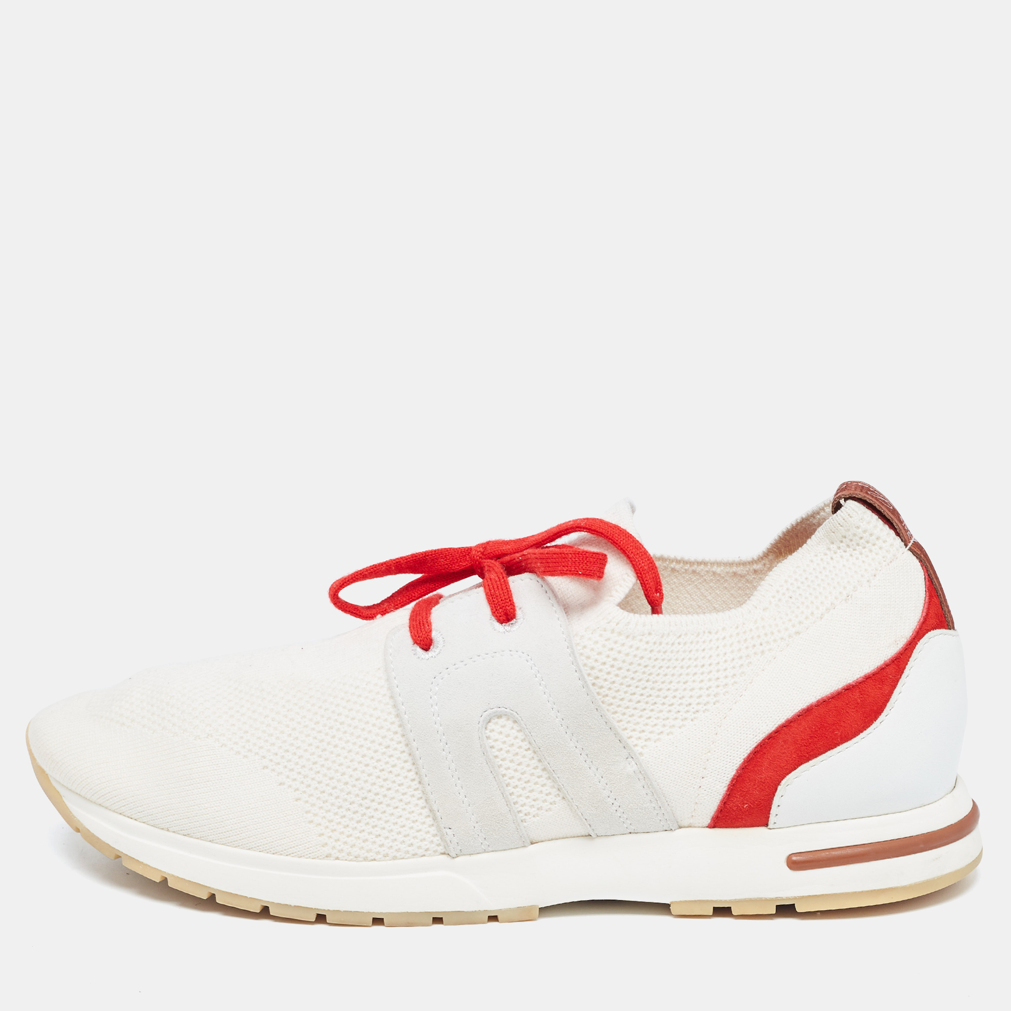 Pre Owned Loro Piana Off White/Red Knit Fabric and Suede 360 LP Flexy Walk Sneakers Size 40
