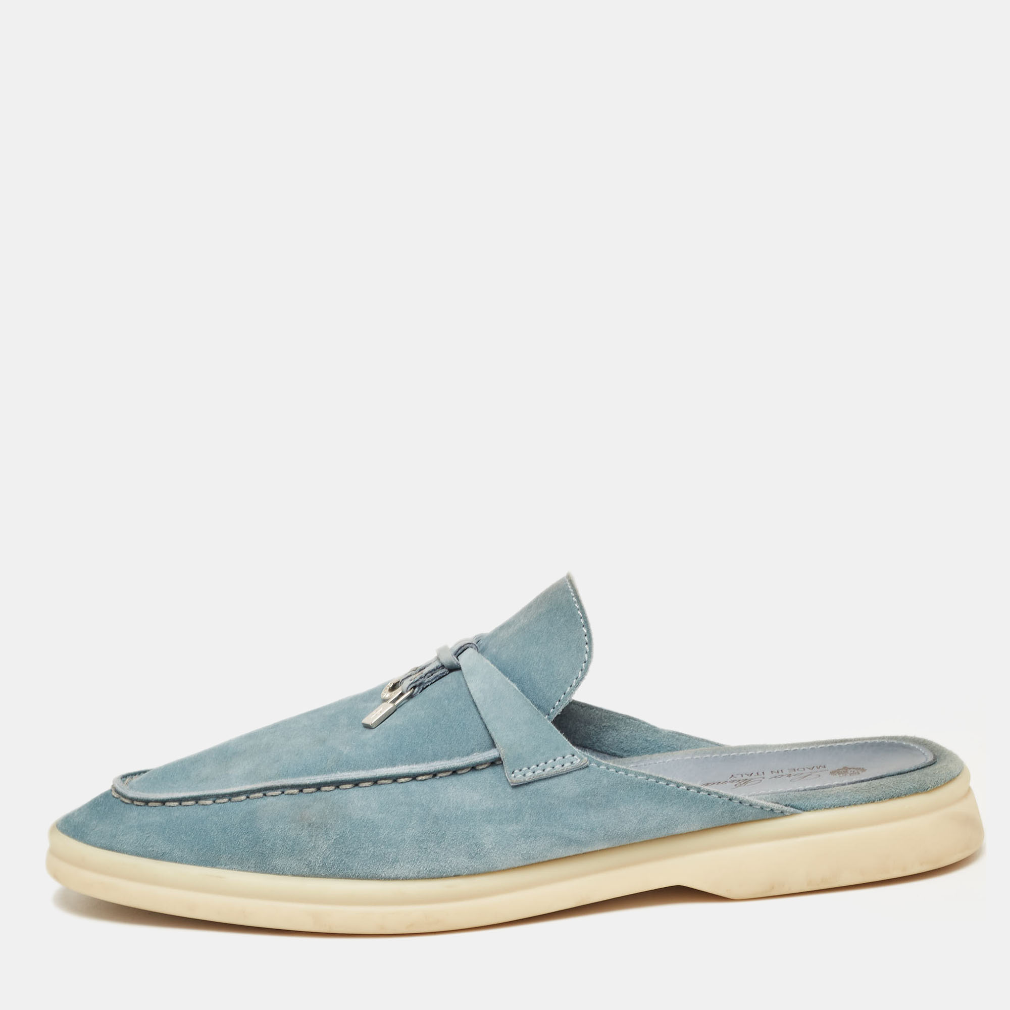 Pre Owned Loro Piana Blue Suede Babouche Charms Walk Flat Mules Size 40