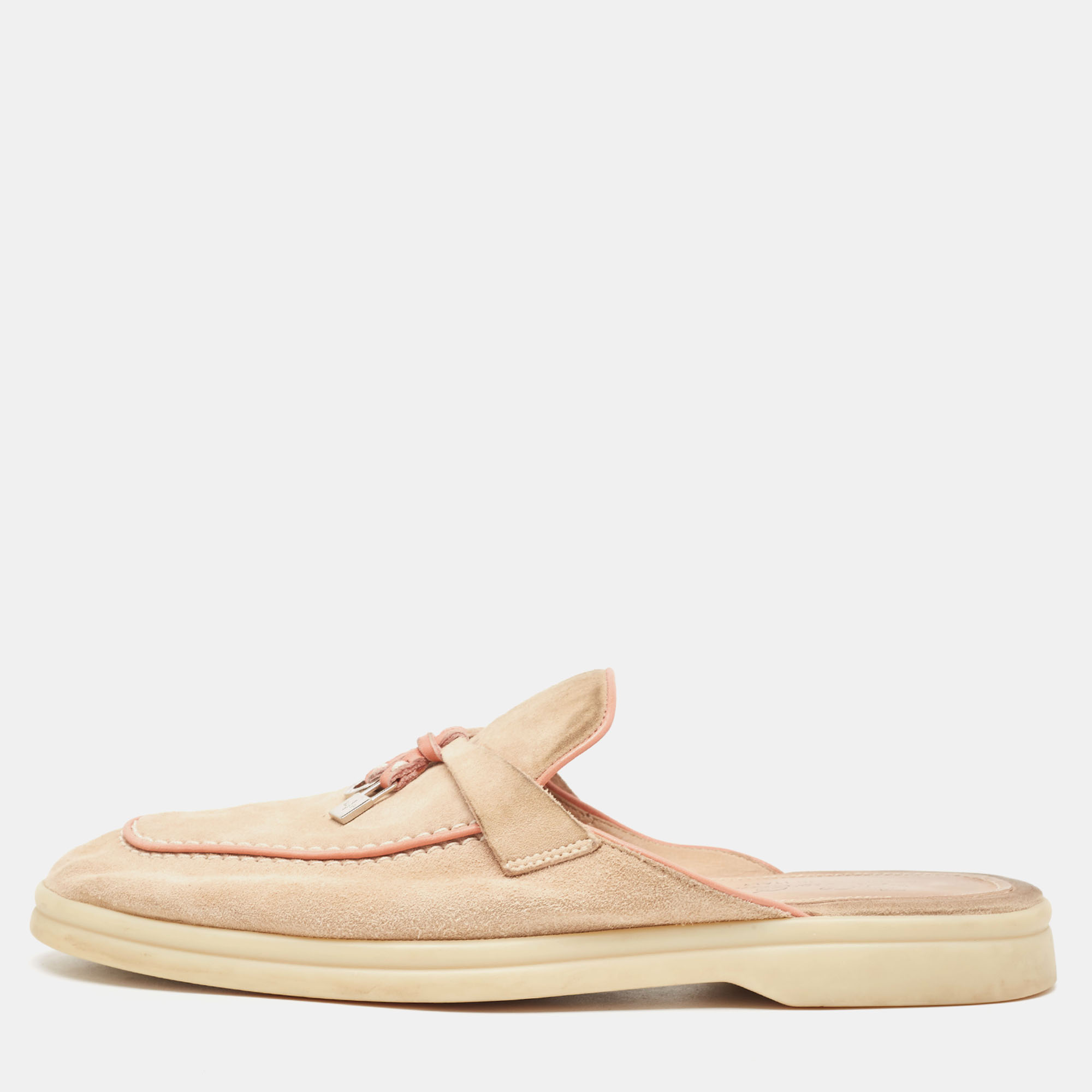 Pre Owned Loro Piana Beige/Pink Suede Babouche Charms Walk Flat Mules Size 37