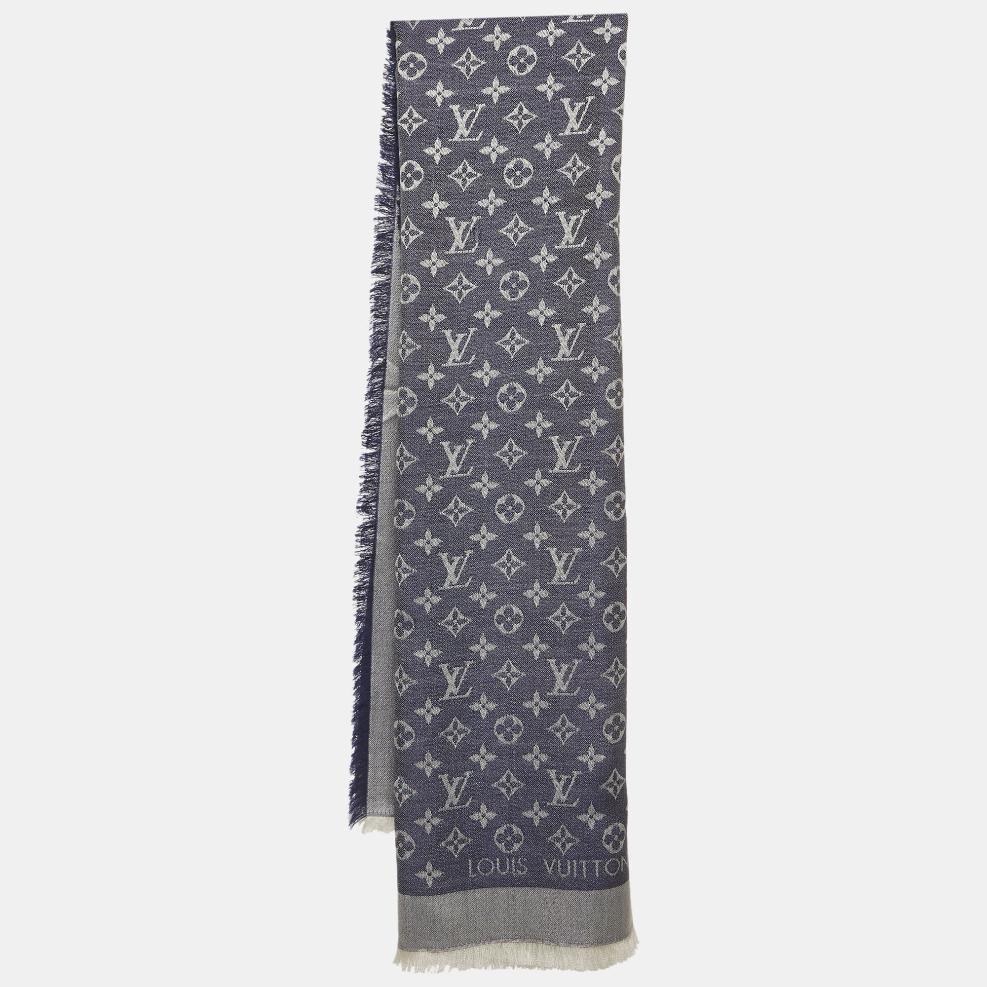 Pre-owned Louis Vuitton Blue Monogram Silk And Wool Blend Denim Shawl
