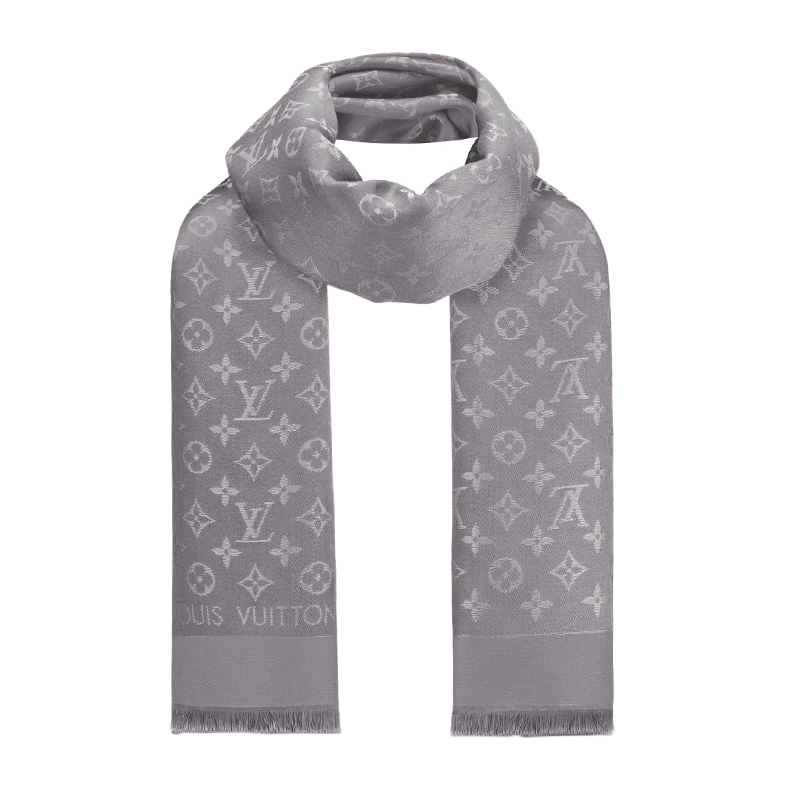 Louis Vuitton, Grey Charcoal Silver Monogram Shine Lv Logo Silk Shawl M
