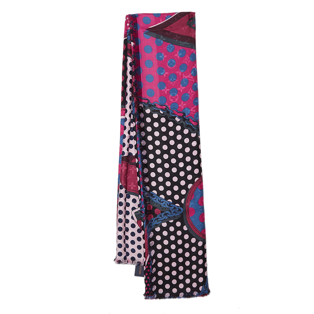 Pre-owned Louis Vuitton Magenta Monodots Monogram Silk & Wool Scarf In Pink