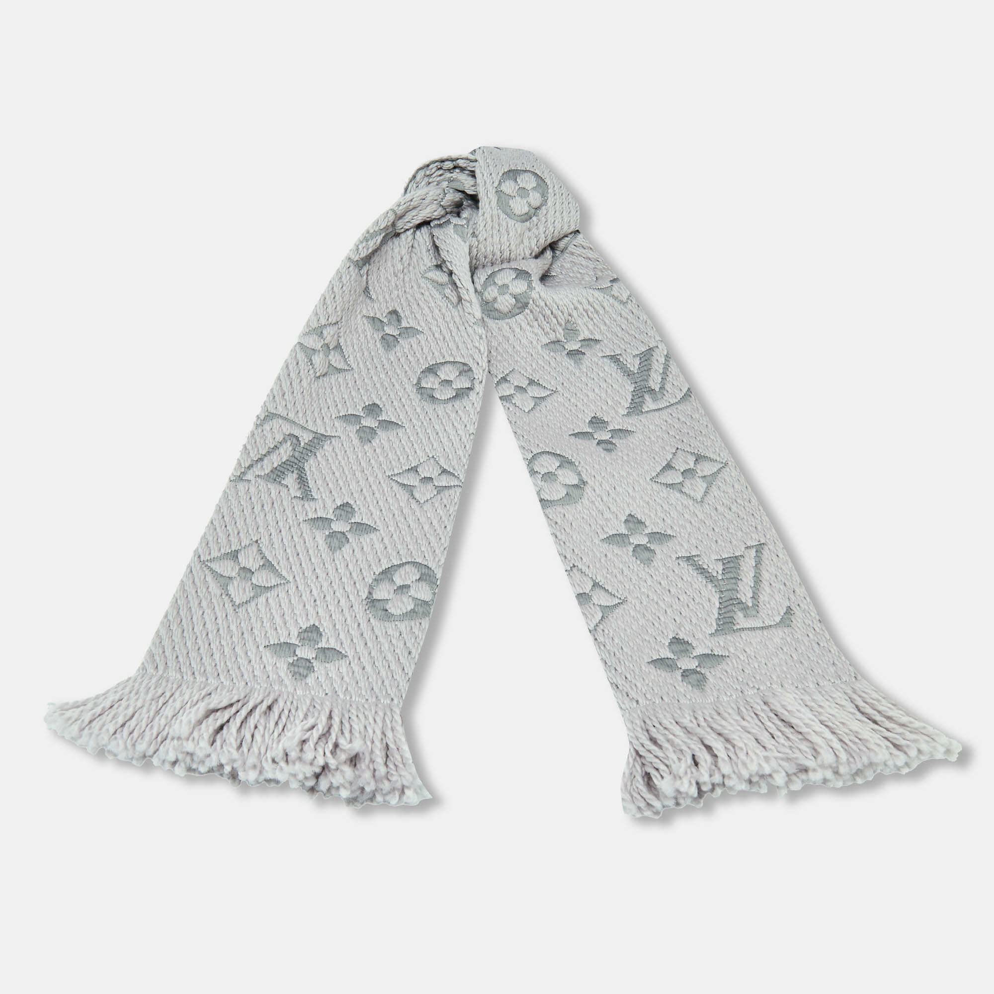 

Louis Vuitton Pearl Grey Logomania Silk Wool Scarf