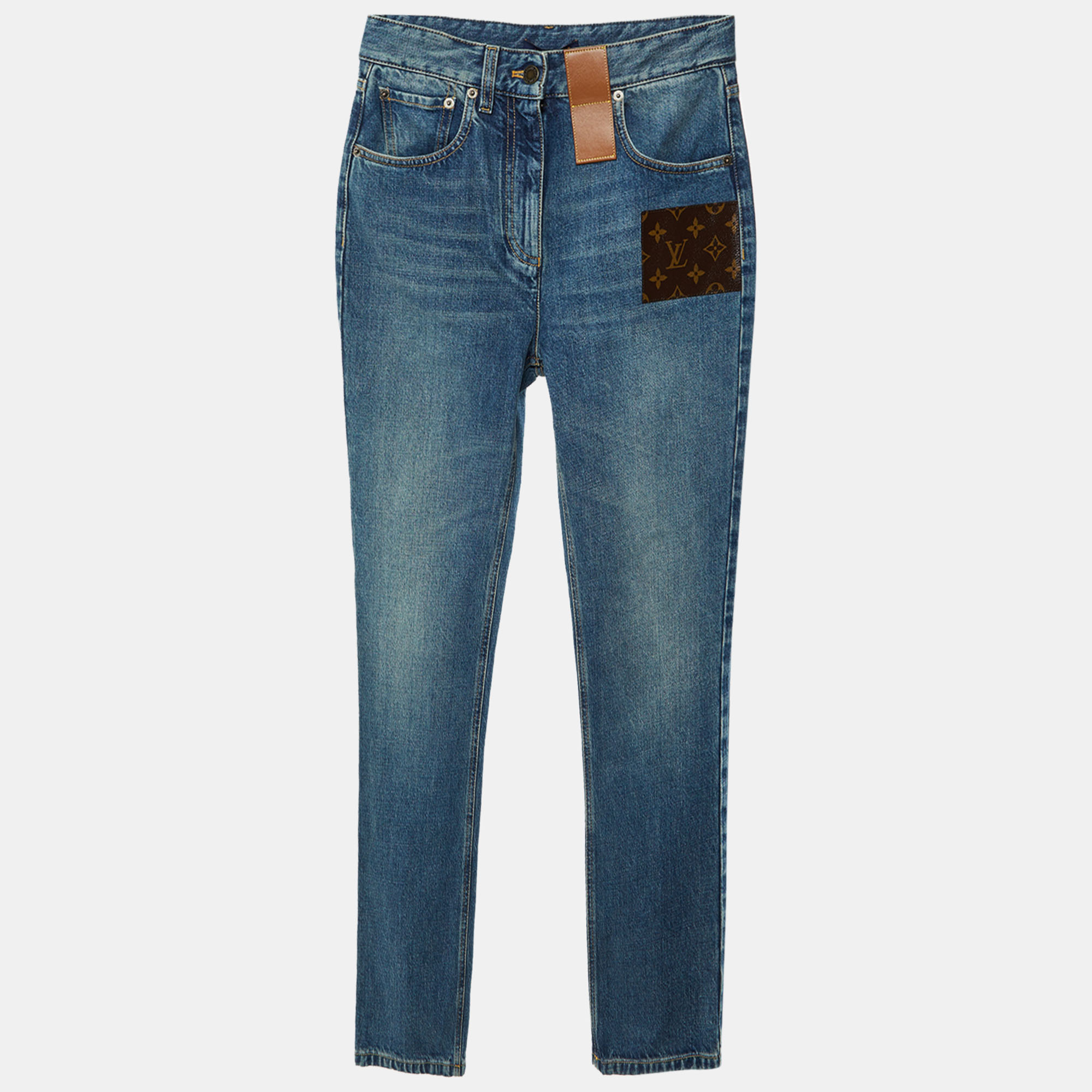 

Louis Vuitton Blue Denim Monogram Patch High Waist Jeans S