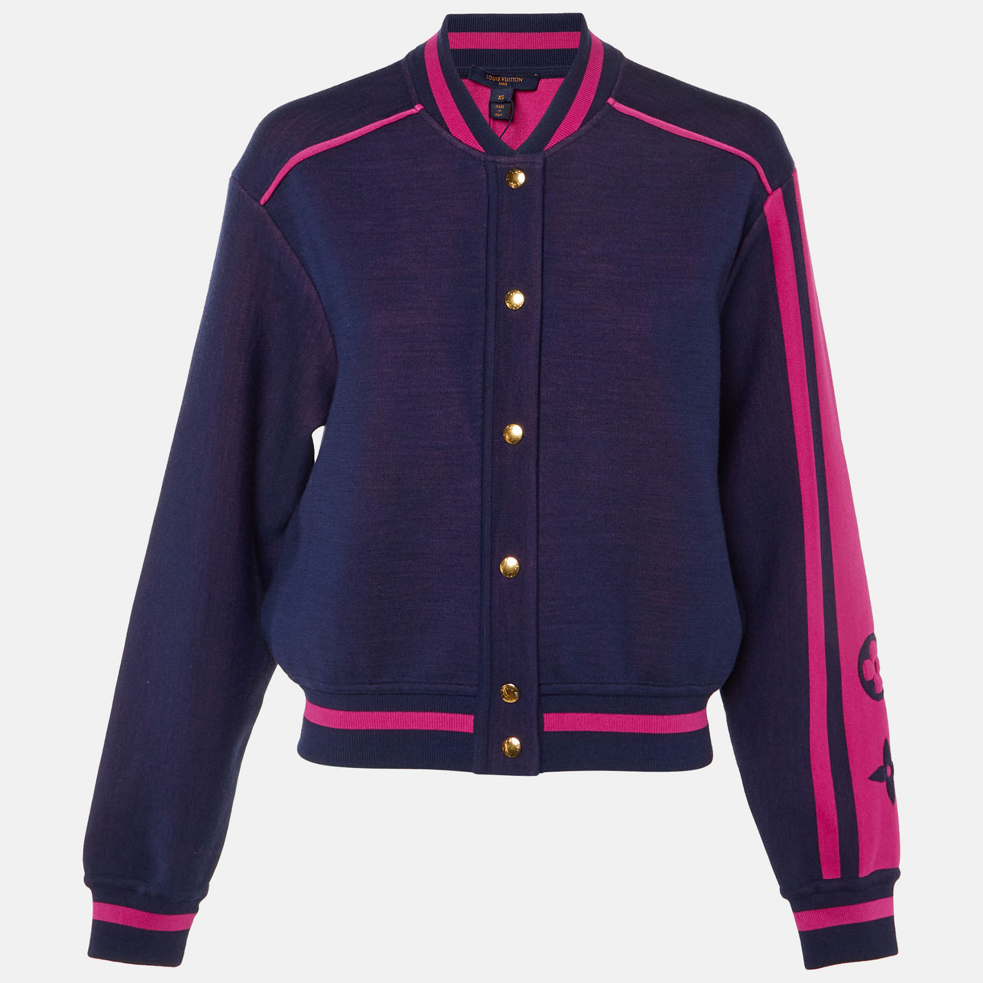 Pre-owned Louis Vuitton Navy Blue Monogram Silk & Wool Bomber Jacket Xs
