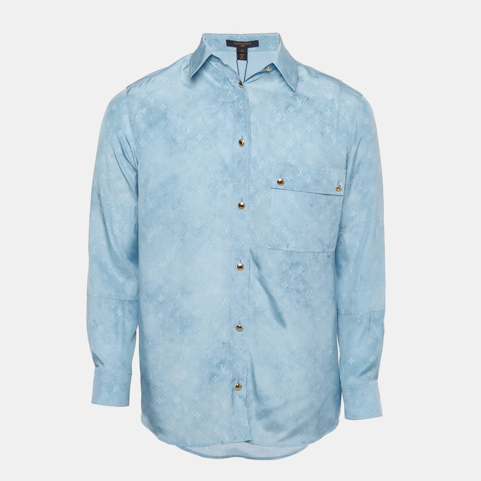 Pre-owned Louis Vuitton Blue Monogram Silk Long Sleeve Shirt S