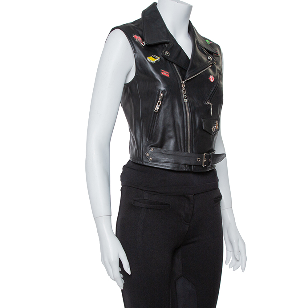 

Louis Vuitton Black Leather Badge Embellished Sleeveless Biker Jacket