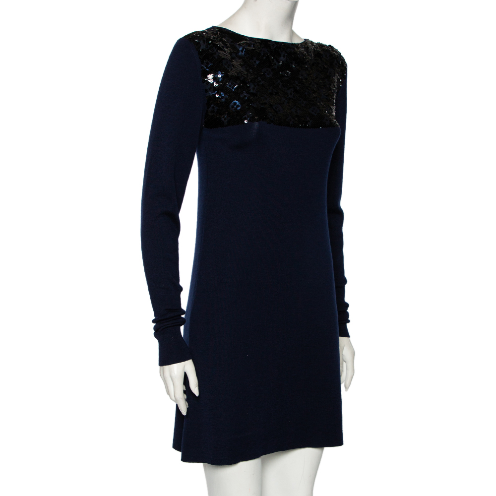 

Louis Vuitton Navy Blue Wool & Sequin Embellished Monogram Detailed Dress