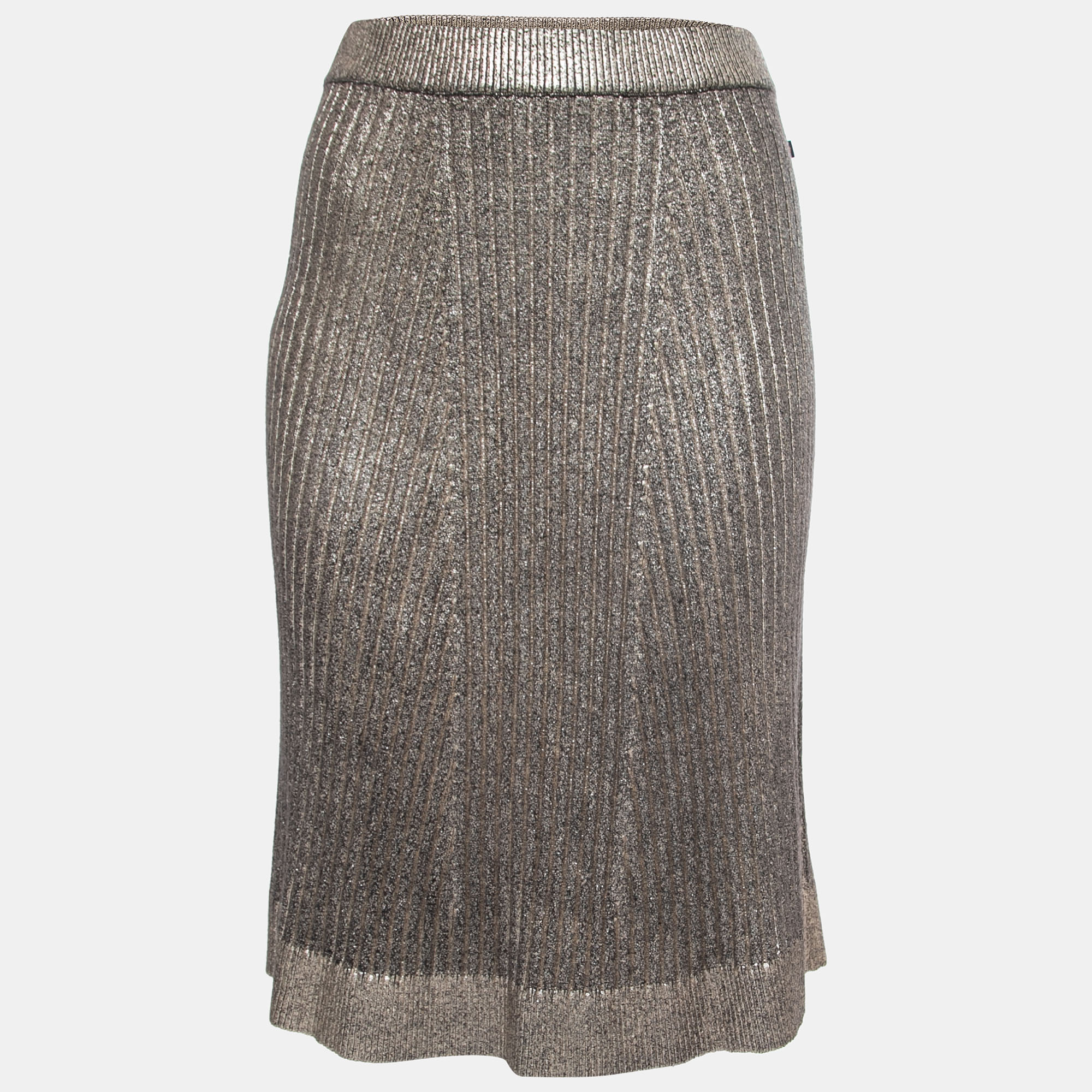 

Louis Vuitton Metallic Gold Ribbed Knit A-Line Skirt L