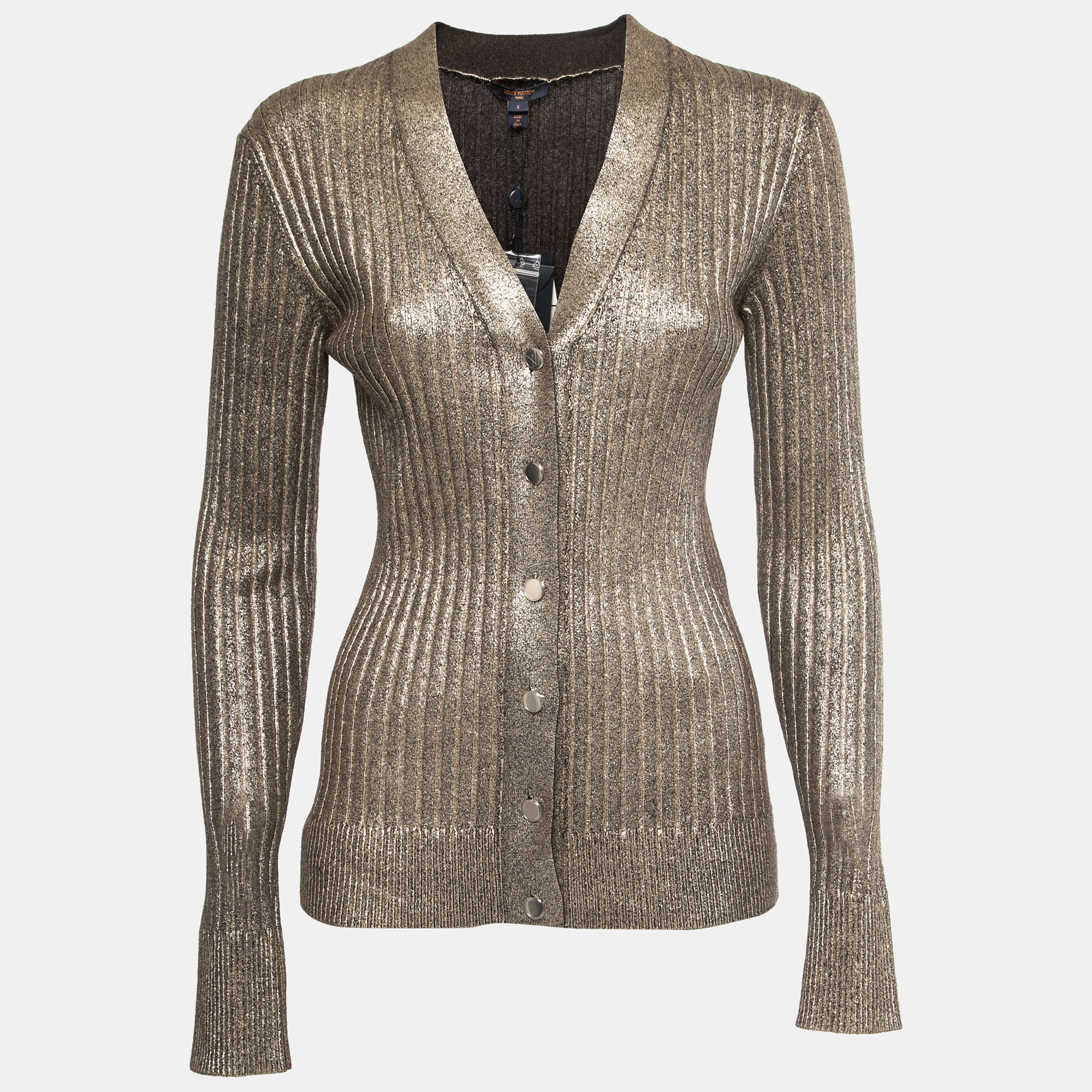 

Louis Vuitton Gold Rib Knit Coated Wool Cardigan S