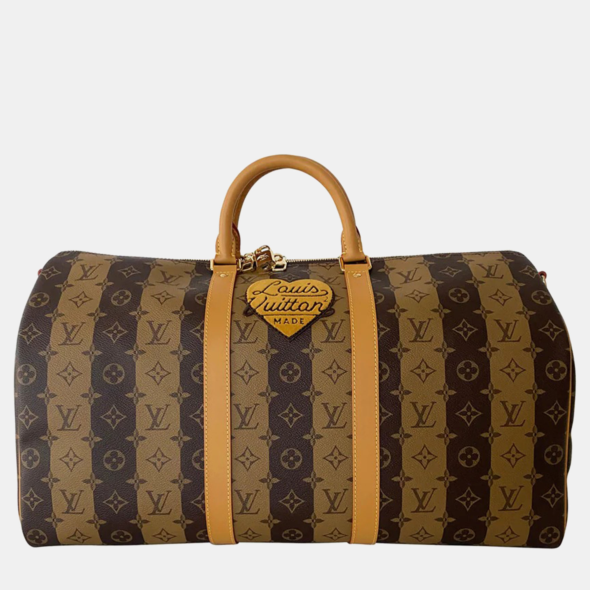 

Louis Vuitton Virgil Abloh NIGO Brown Monogram Stripes Coated Canvas Keepall Bandoulière 50 Duffel Bag