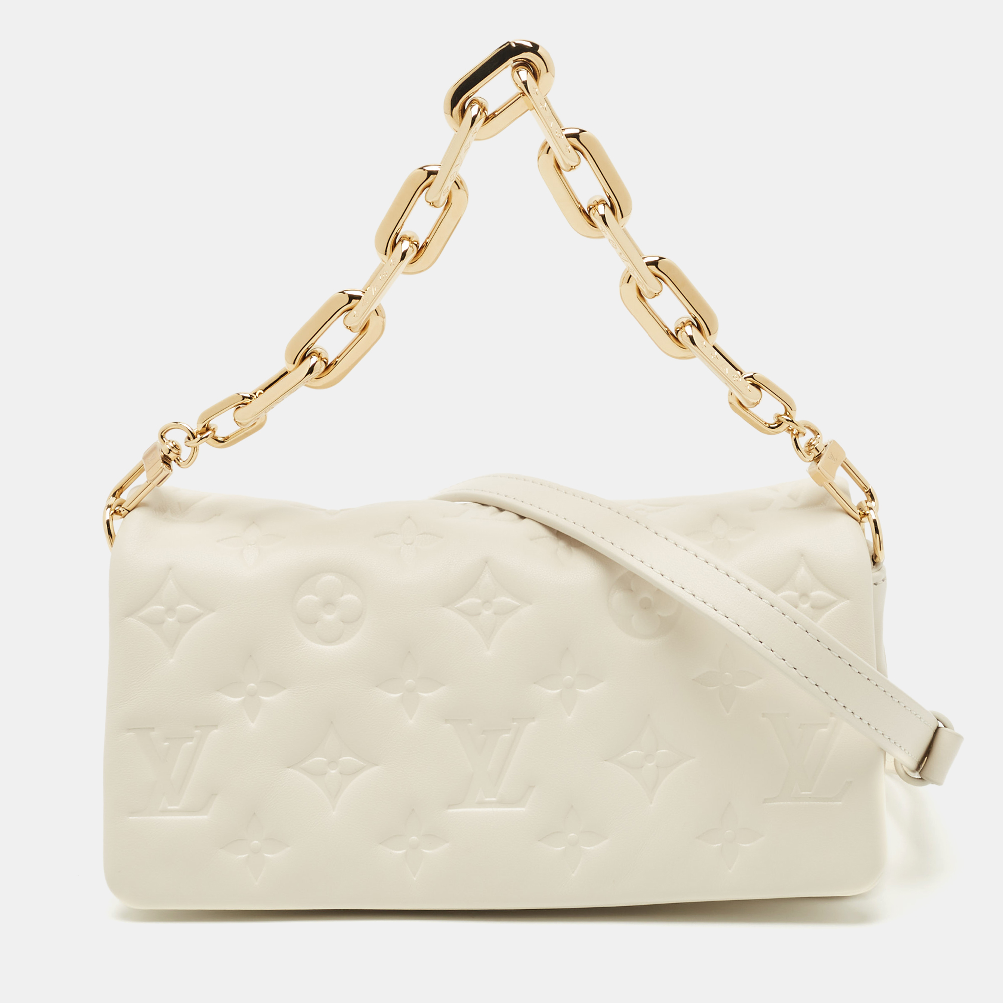 

Louis Vuitton White Monogram Embossed Leather Pochette Coussin Bag