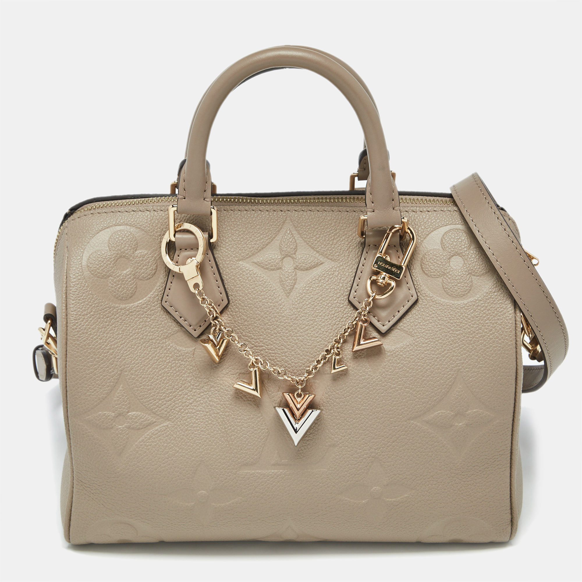 

Louis Vuitton Tourterelle Monogram Impreinte Leather Speedy 25 Bandouliere Bag, Beige