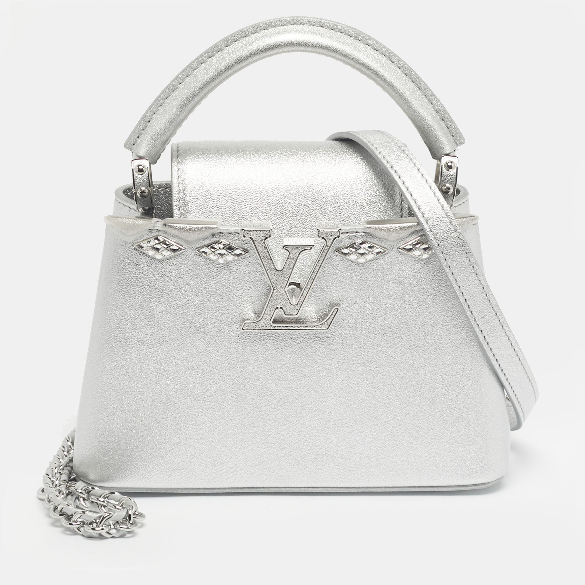 

Louis Vuitton Silver Leather Crystal Embellished Capucines Mini Bag