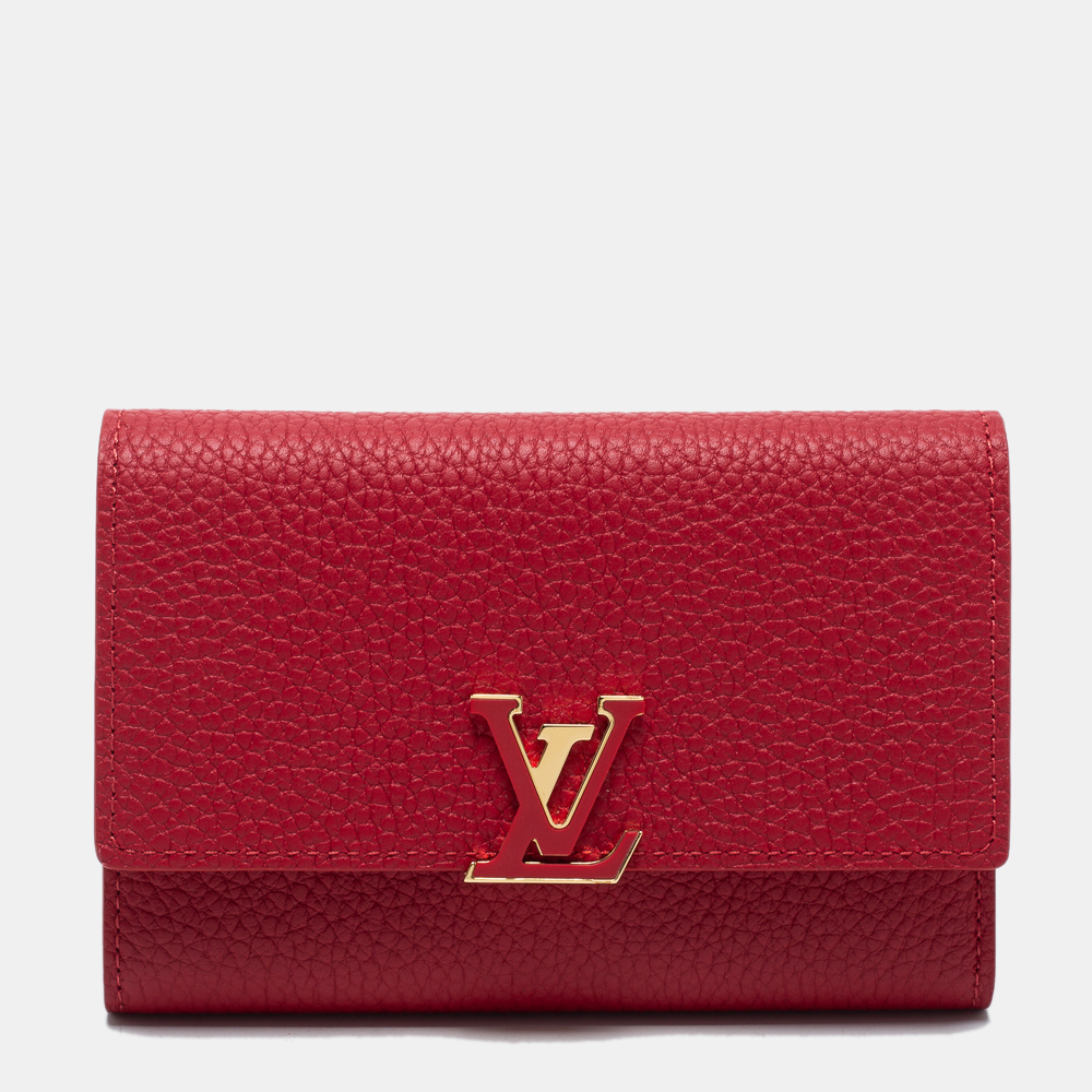 Pre Owned Louis Vuitton Scarlet Leather Capucines Compact Wallet