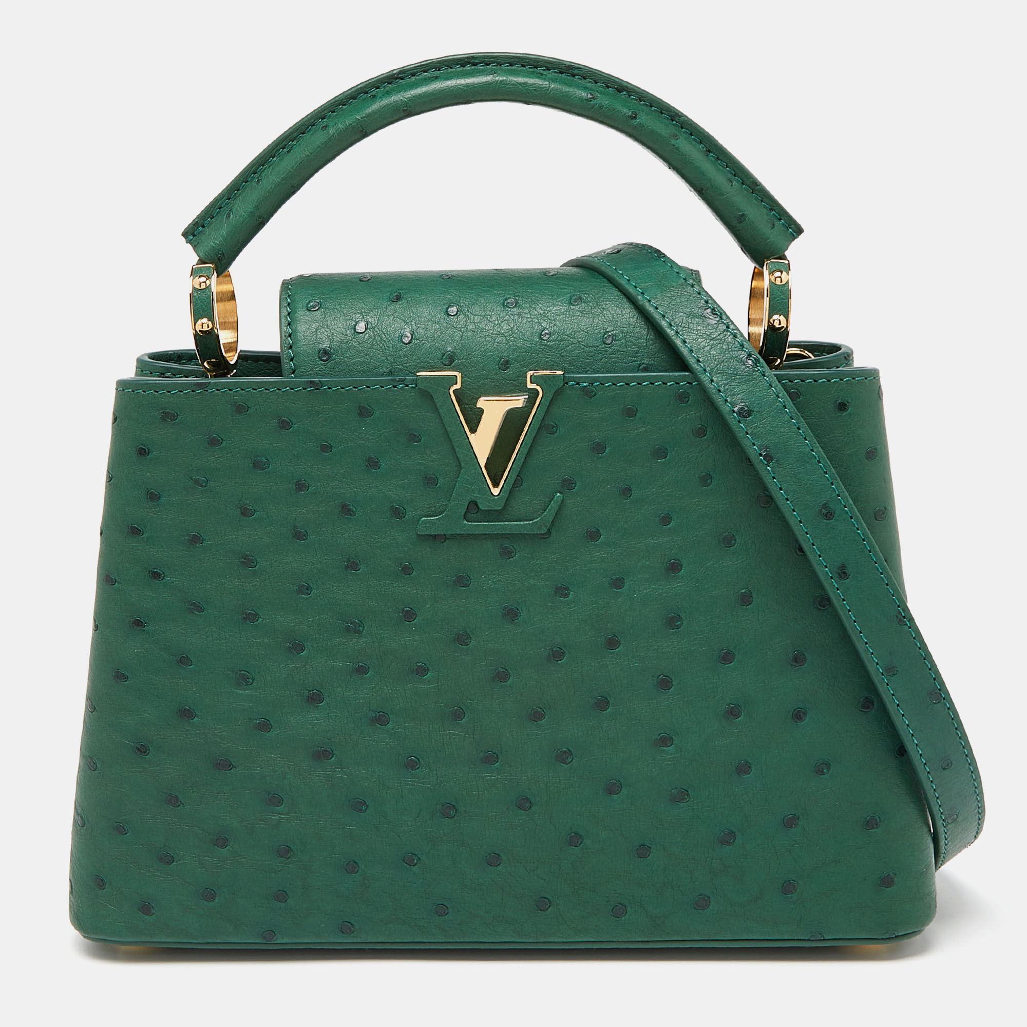 Pre-owned Louis Vuitton Green Ostrich Leather Capucines Bb Bag