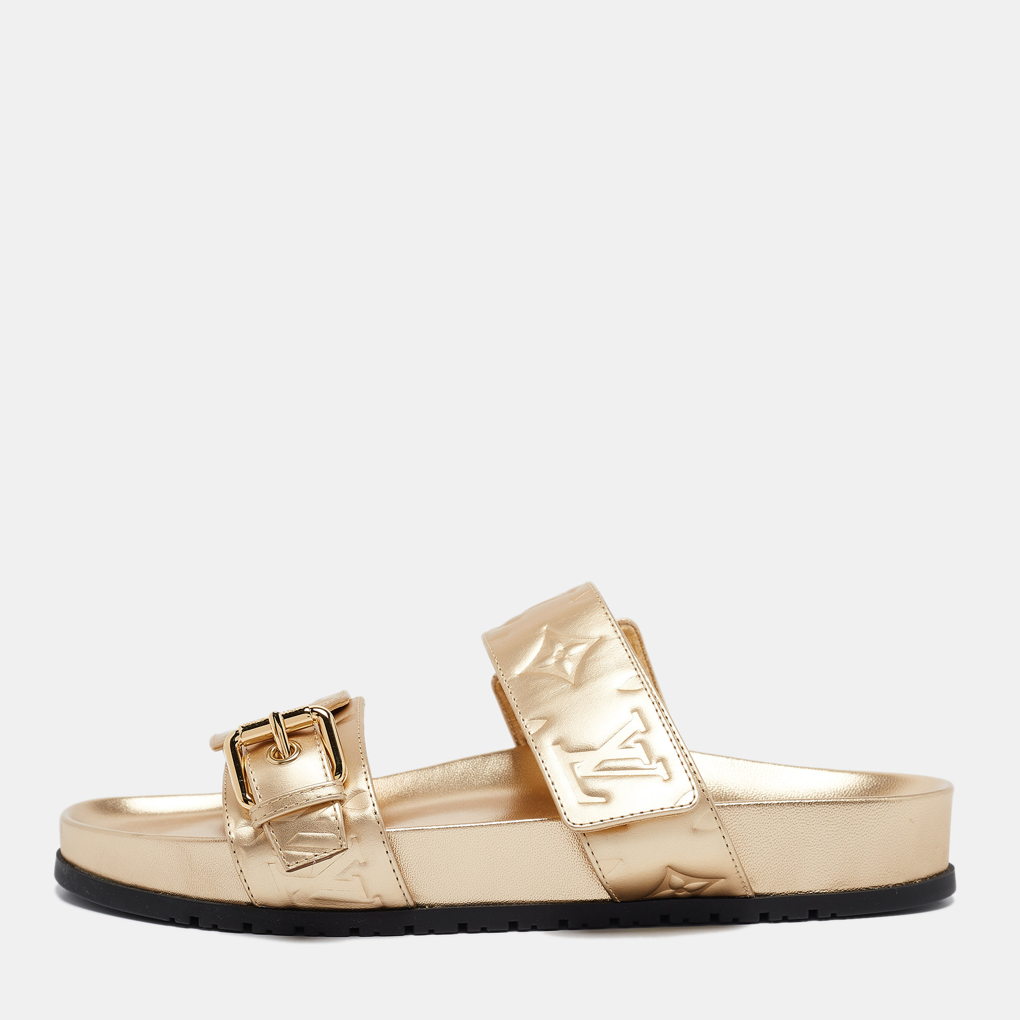 

Louis Vuitton Gold Leather Bom Dia Comfort Flat Sandals Size