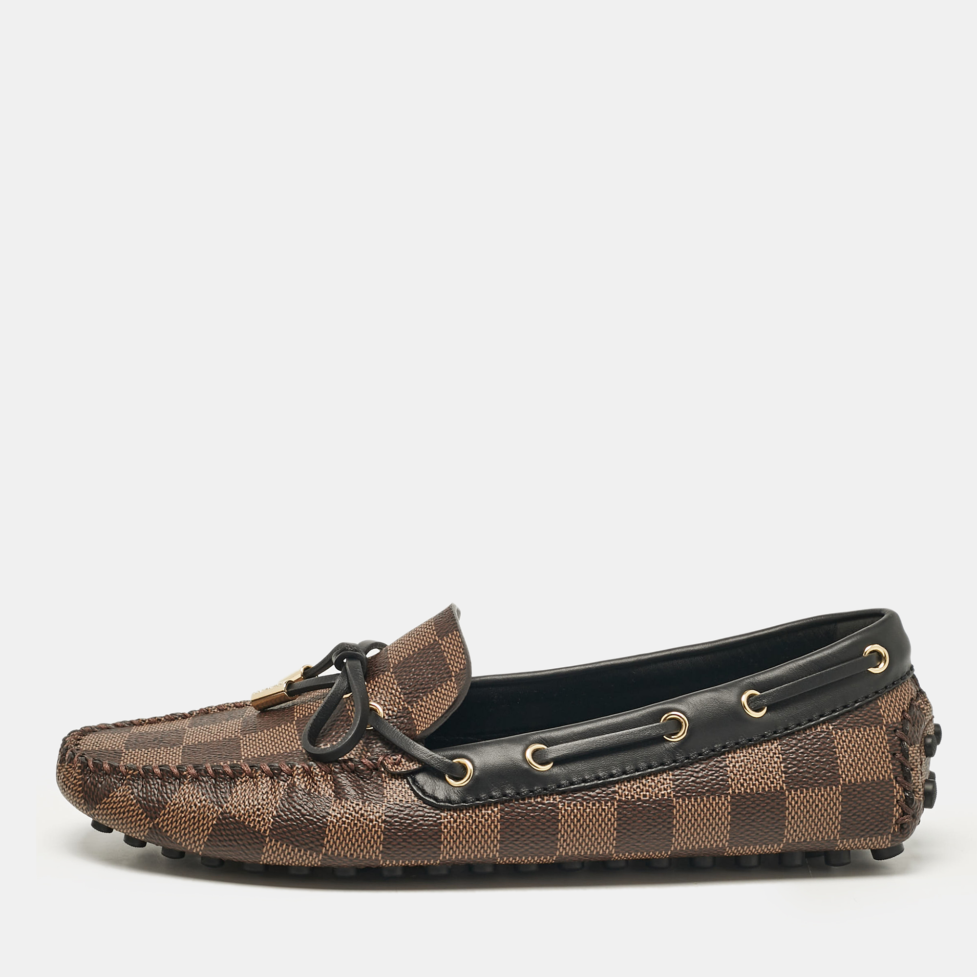 Pre-owned Louis Vuitton Brown/black Damier Ebene Canvas And Leather Gloria Loafers Size 37.5