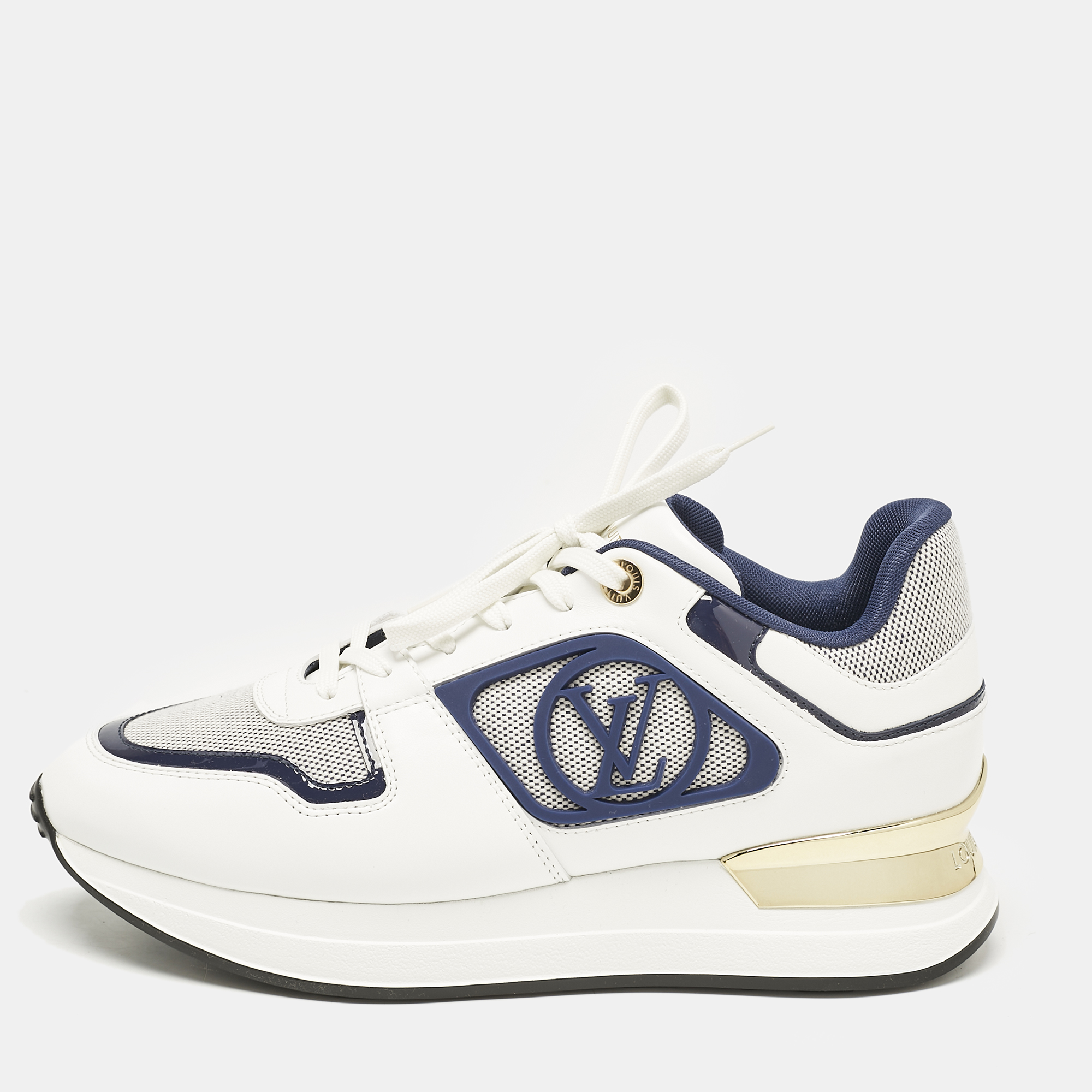 

Louis Vuitton White/Navy Blue Leather and Canvas Neo Run Away Sneakers Size