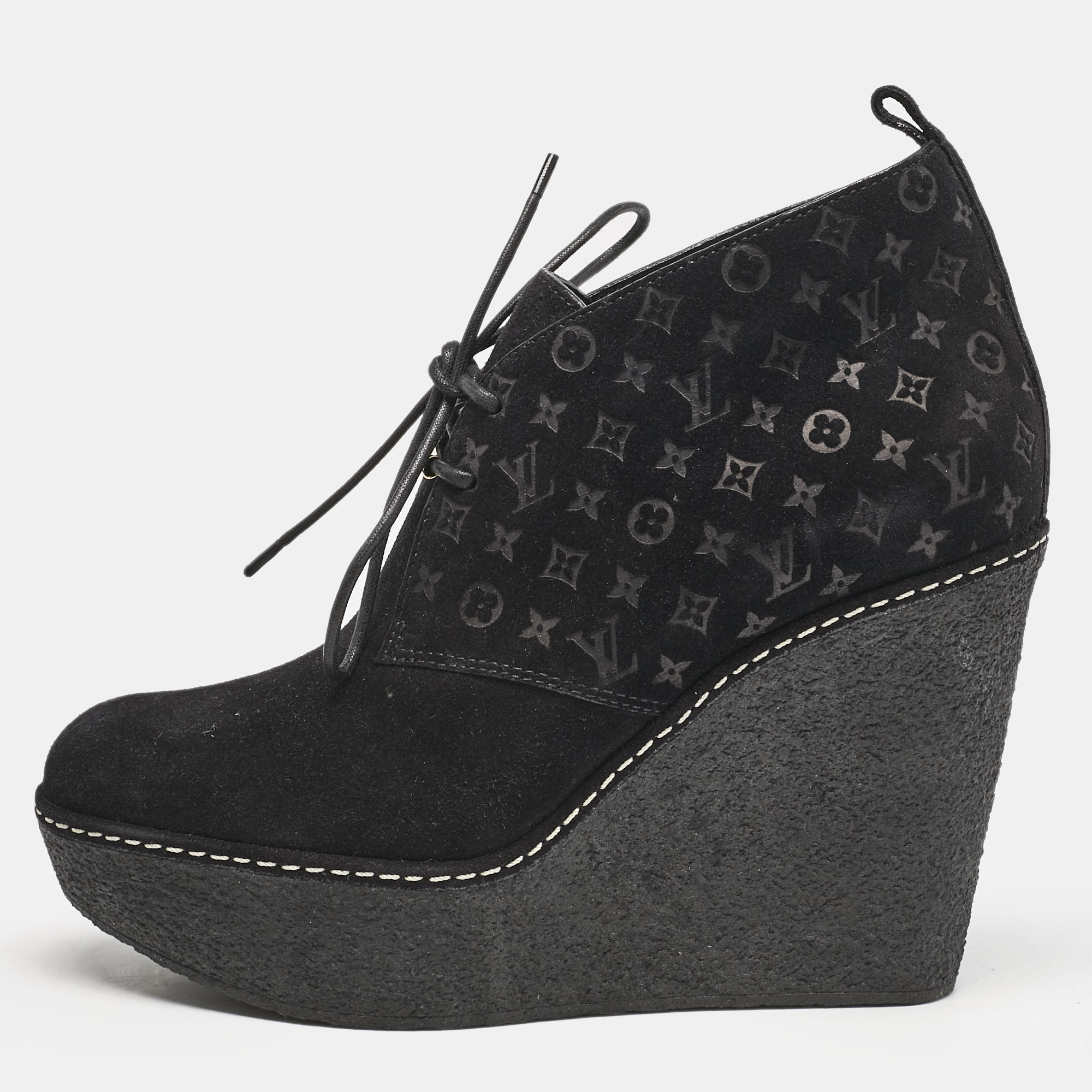 

Louis Vuitton Black Monogram Suede Wedge Ankle Boots Size