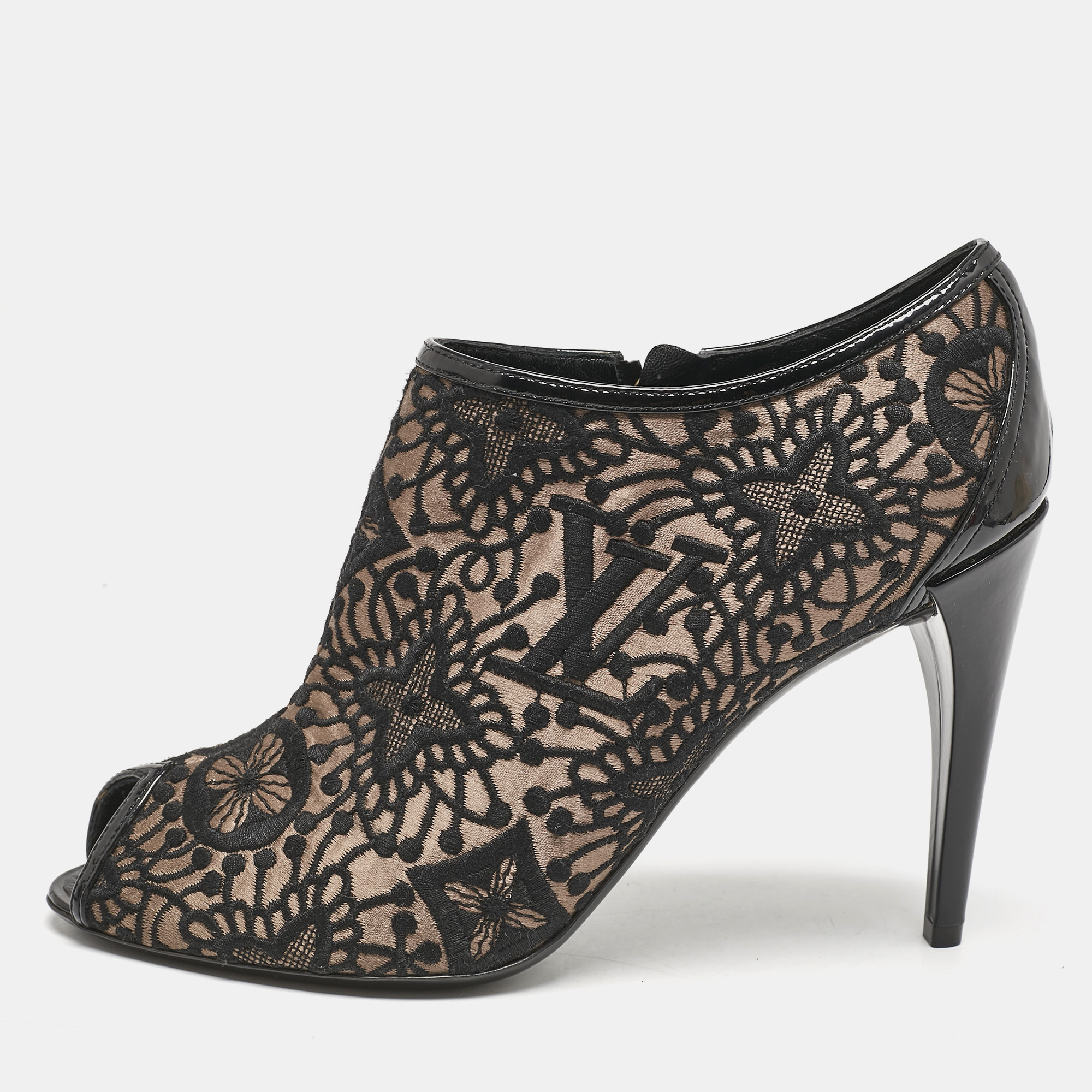Pre-owned Louis Vuitton Black Lace And Mesh Monogram Zip Up Booties Size 38.5