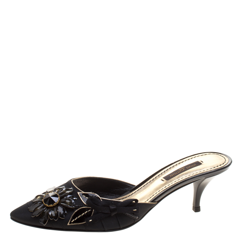 Pre Owned Louis Vuitton Black Silk Floral Crystal Embellished Pointed Toe Mules Size 36