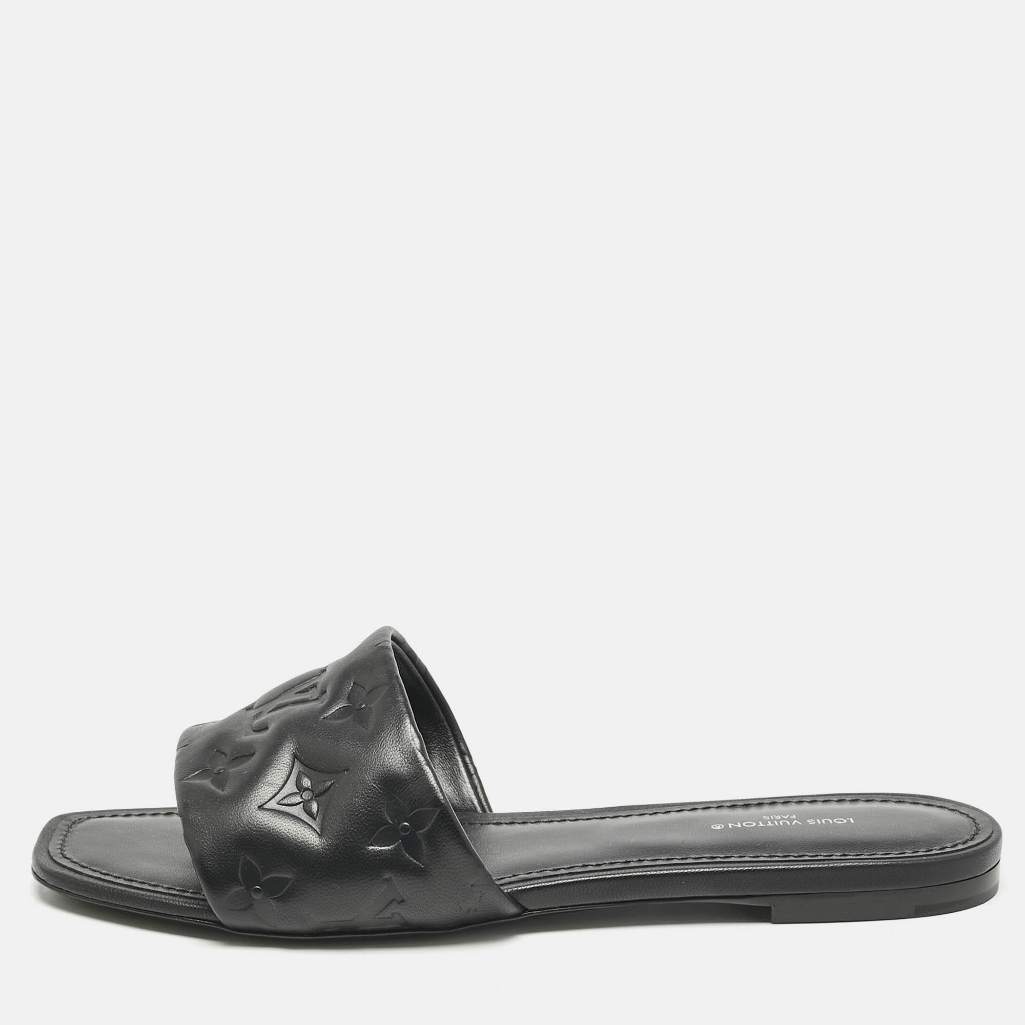 

Louis Vuitton Black Monogram Embossed Leather Revival Flat Slide Sandals Size
